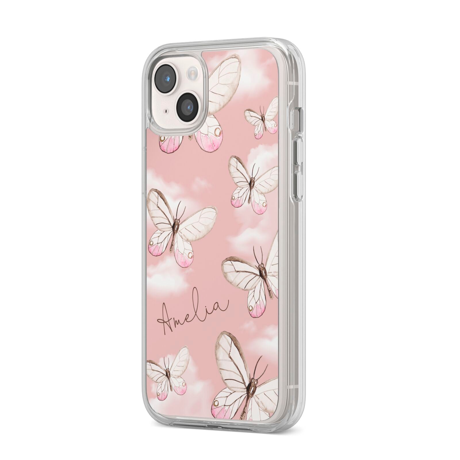 Pink Butterflies Personalised iPhone 14 Plus Clear Tough Case Starlight Angled Image