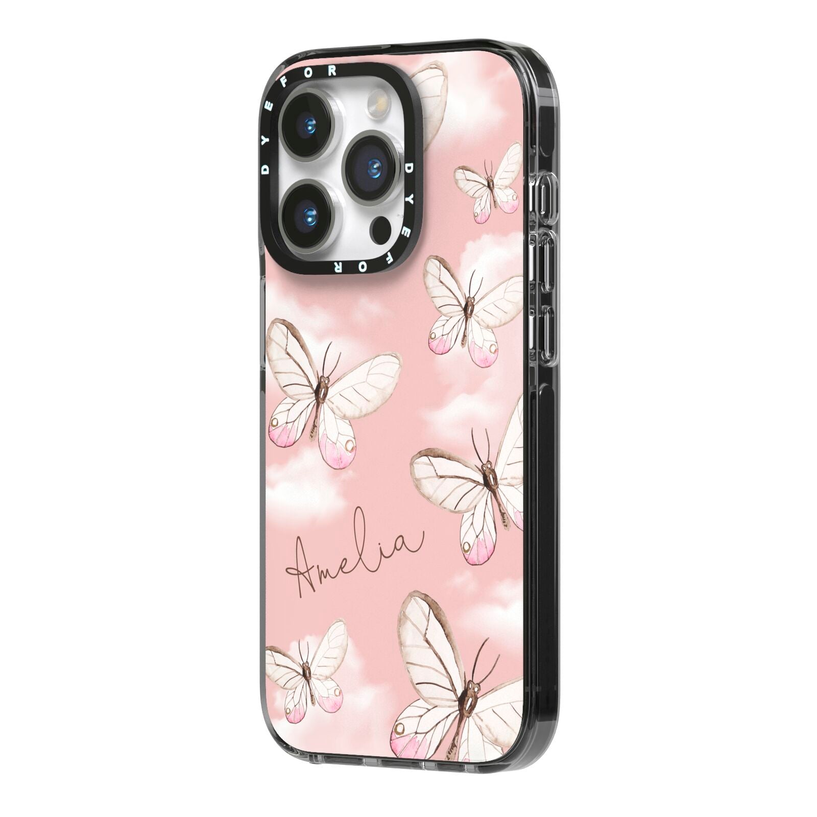 Pink Butterflies Personalised iPhone 14 Pro Black Impact Case Side Angle on Silver phone