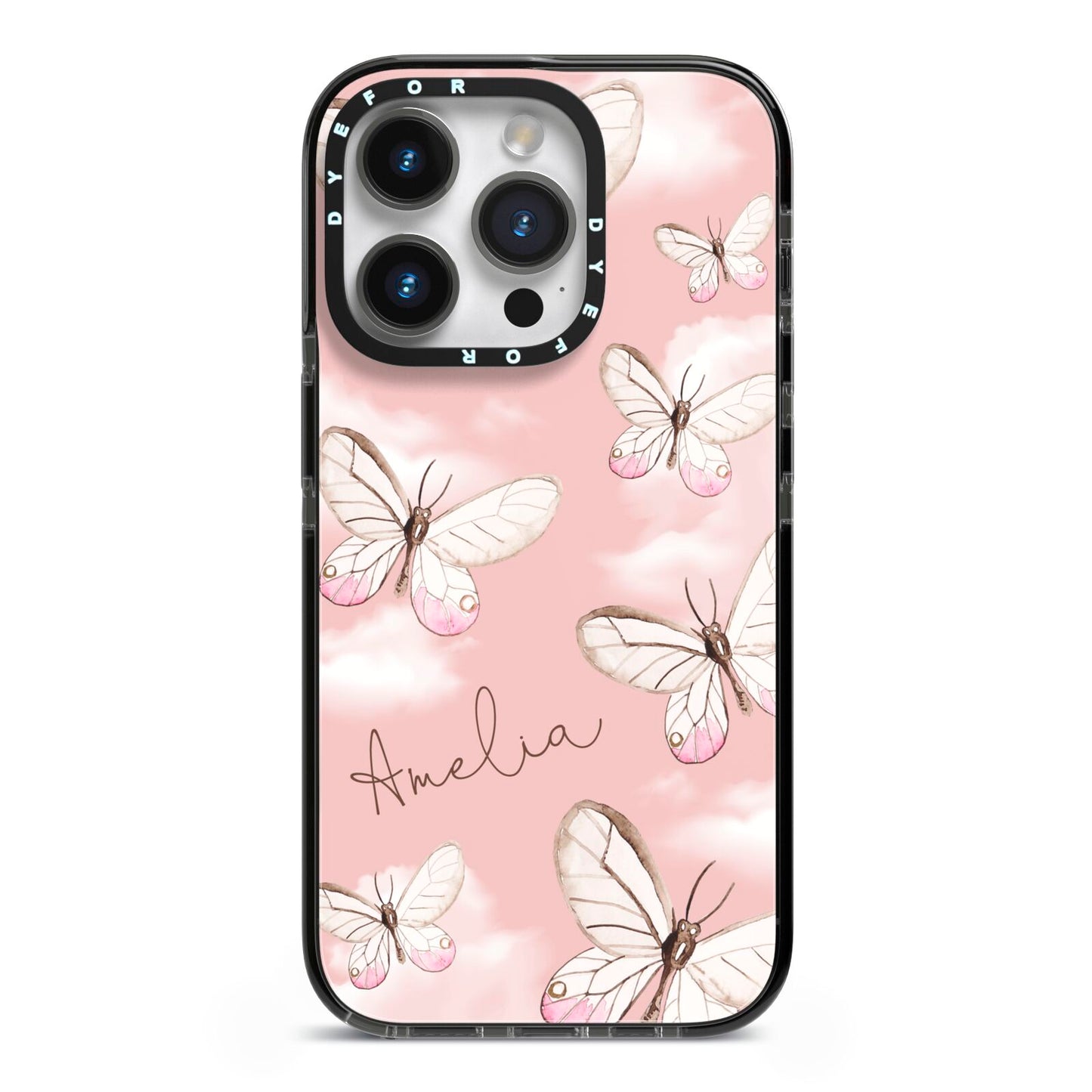 Pink Butterflies Personalised iPhone 14 Pro Black Impact Case on Silver phone