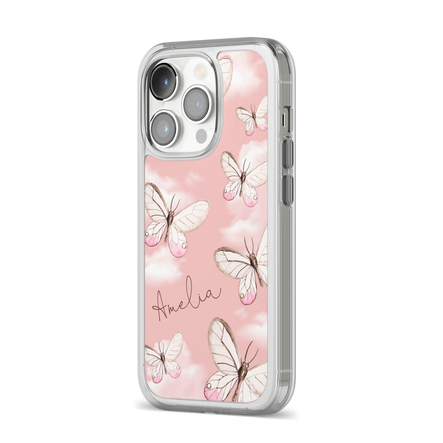 Pink Butterflies Personalised iPhone 14 Pro Clear Tough Case Silver Angled Image