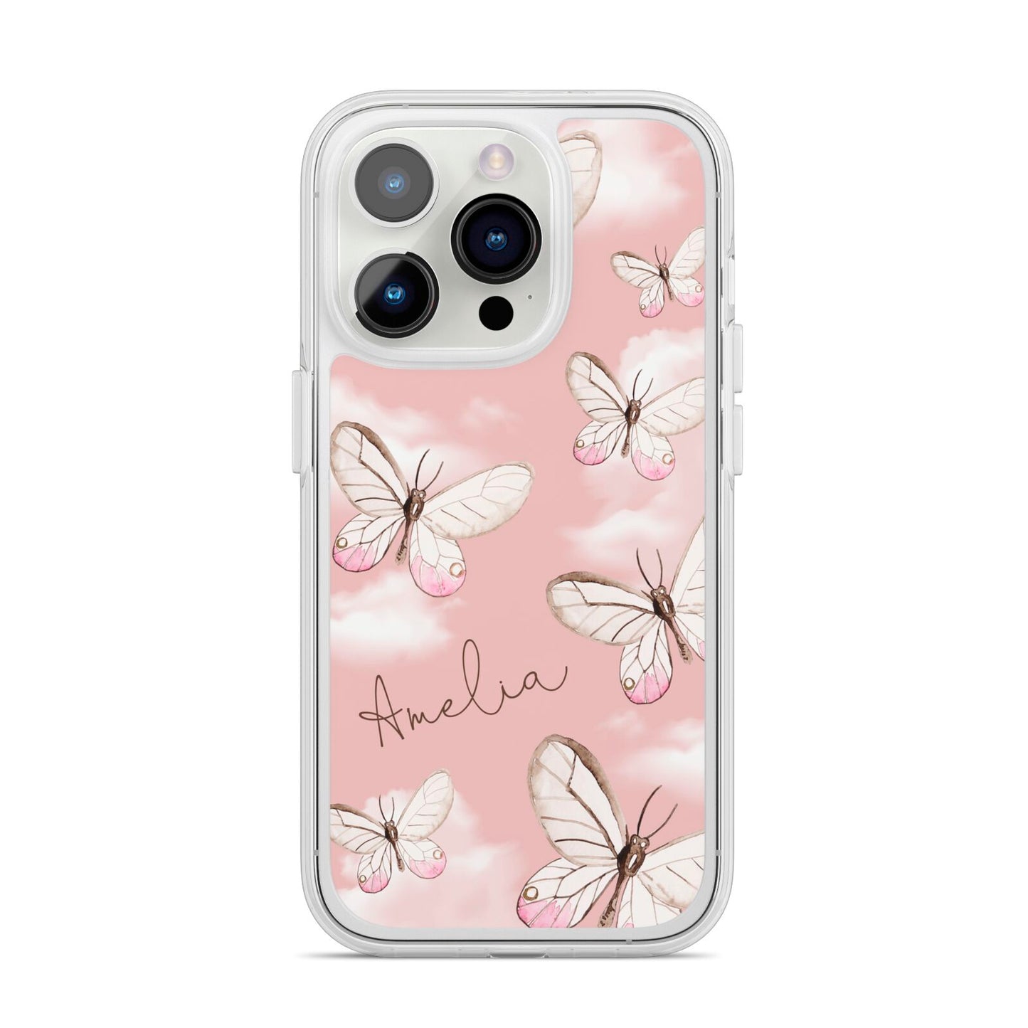 Pink Butterflies Personalised iPhone 14 Pro Clear Tough Case Silver