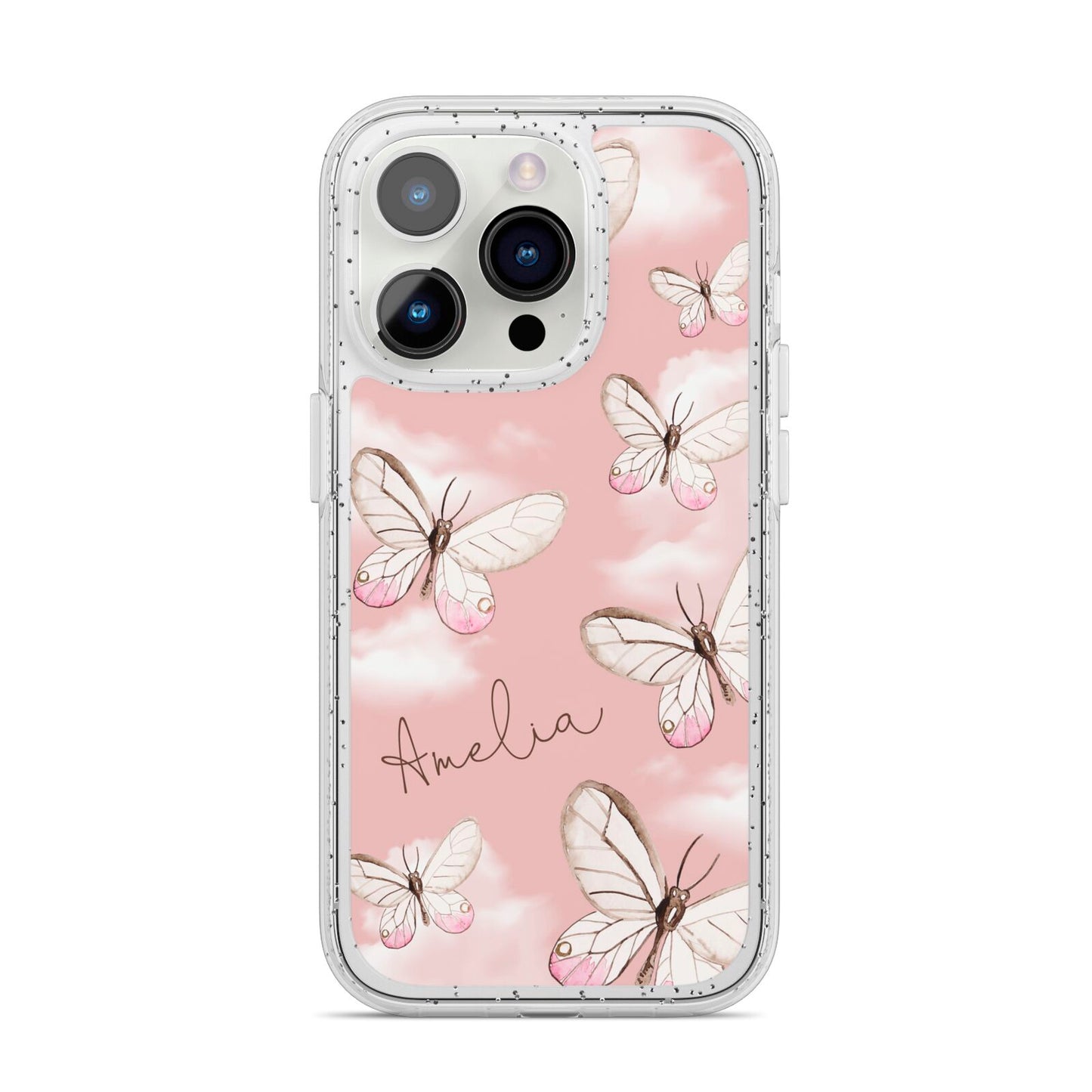 Pink Butterflies Personalised iPhone 14 Pro Glitter Tough Case Silver