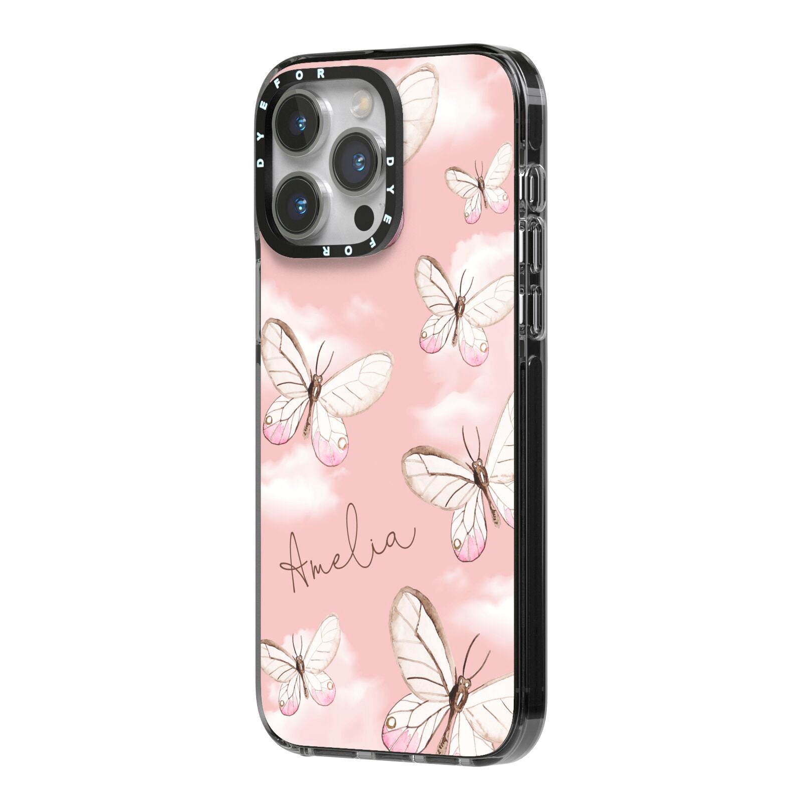 Pink Butterflies Personalised iPhone 14 Pro Max Black Impact Case Side Angle on Silver phone