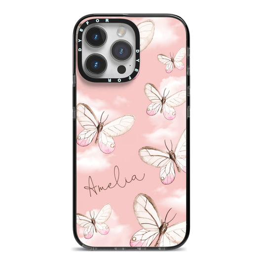 Pink Butterflies Personalised iPhone 14 Pro Max Black Impact Case on Silver phone