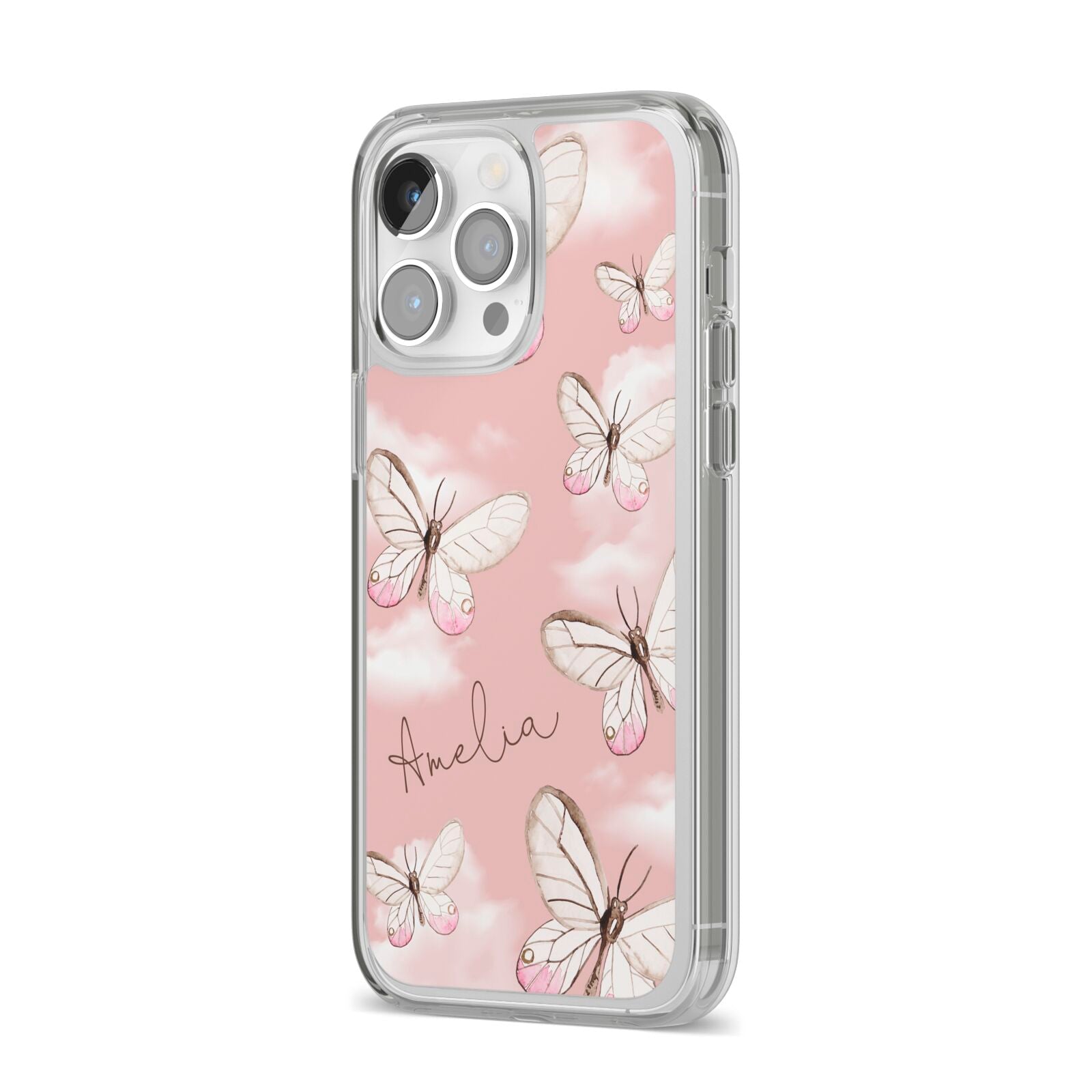 Pink Butterflies Personalised iPhone 14 Pro Max Clear Tough Case Silver Angled Image