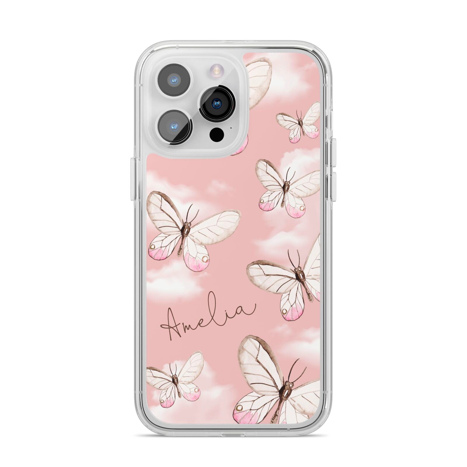 Pink Butterflies Personalised iPhone 14 Pro Max Clear Tough Case Silver