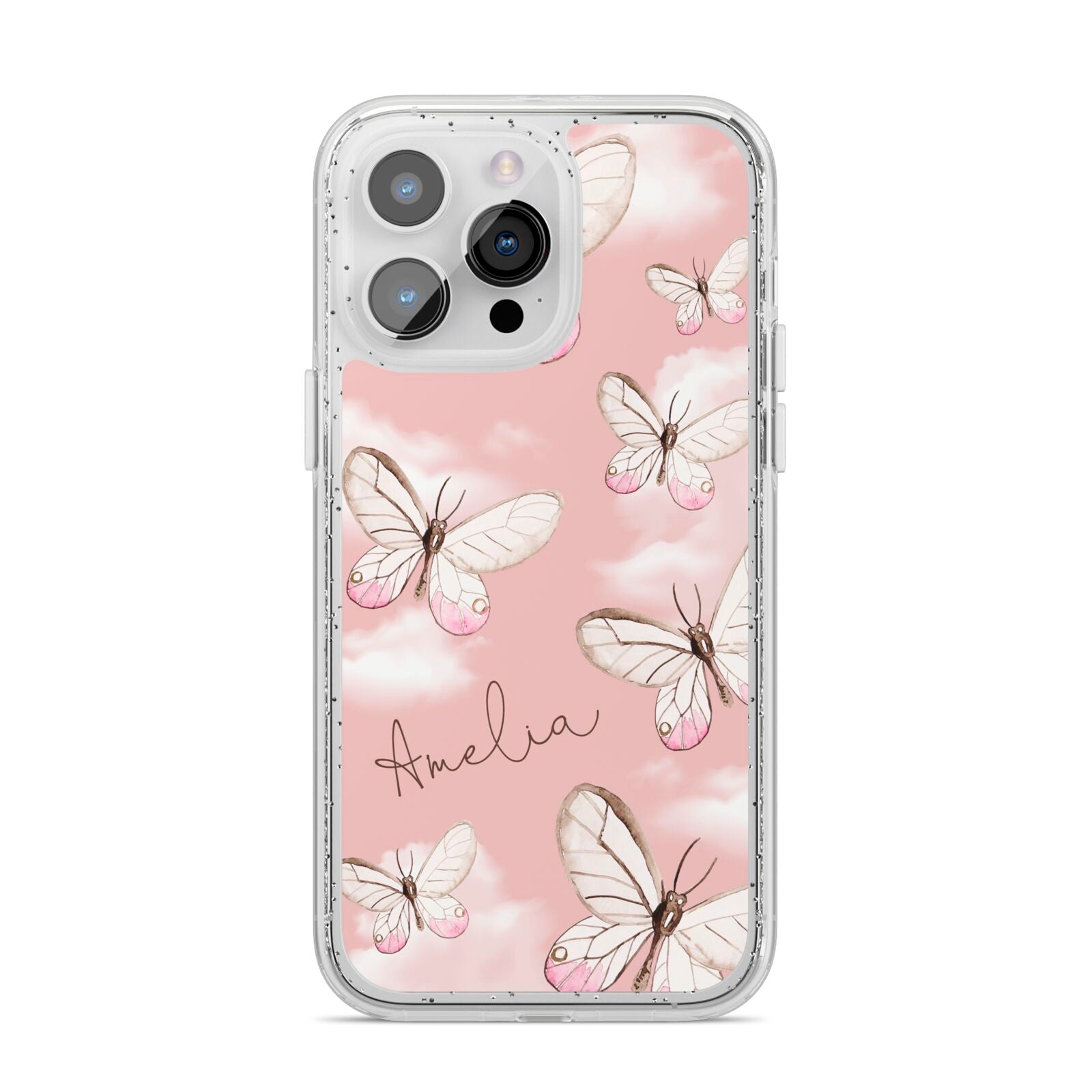 Pink Butterflies Personalised iPhone 14 Pro Max Glitter Tough Case Silver