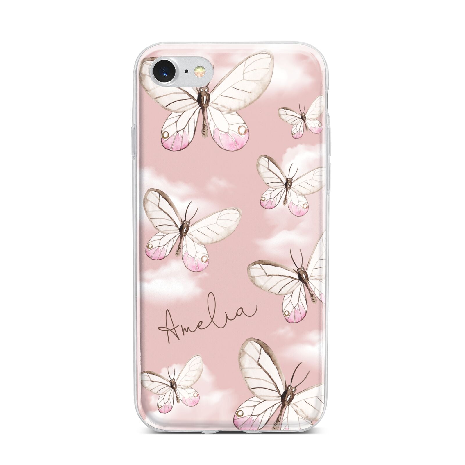 Pink Butterflies Personalised iPhone 7 Bumper Case on Silver iPhone