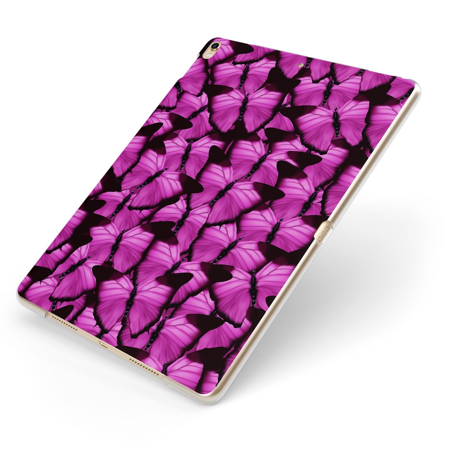Pink Butterfly Apple iPad Case on Gold iPad Side View