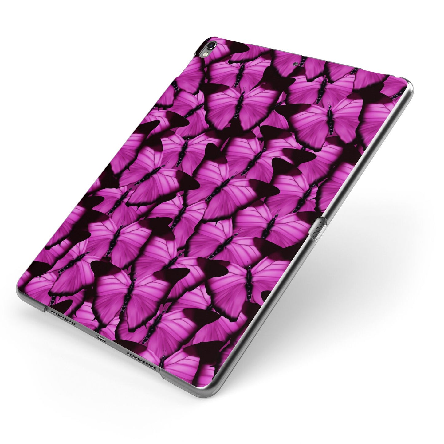 Pink Butterfly Apple iPad Case on Grey iPad Side View