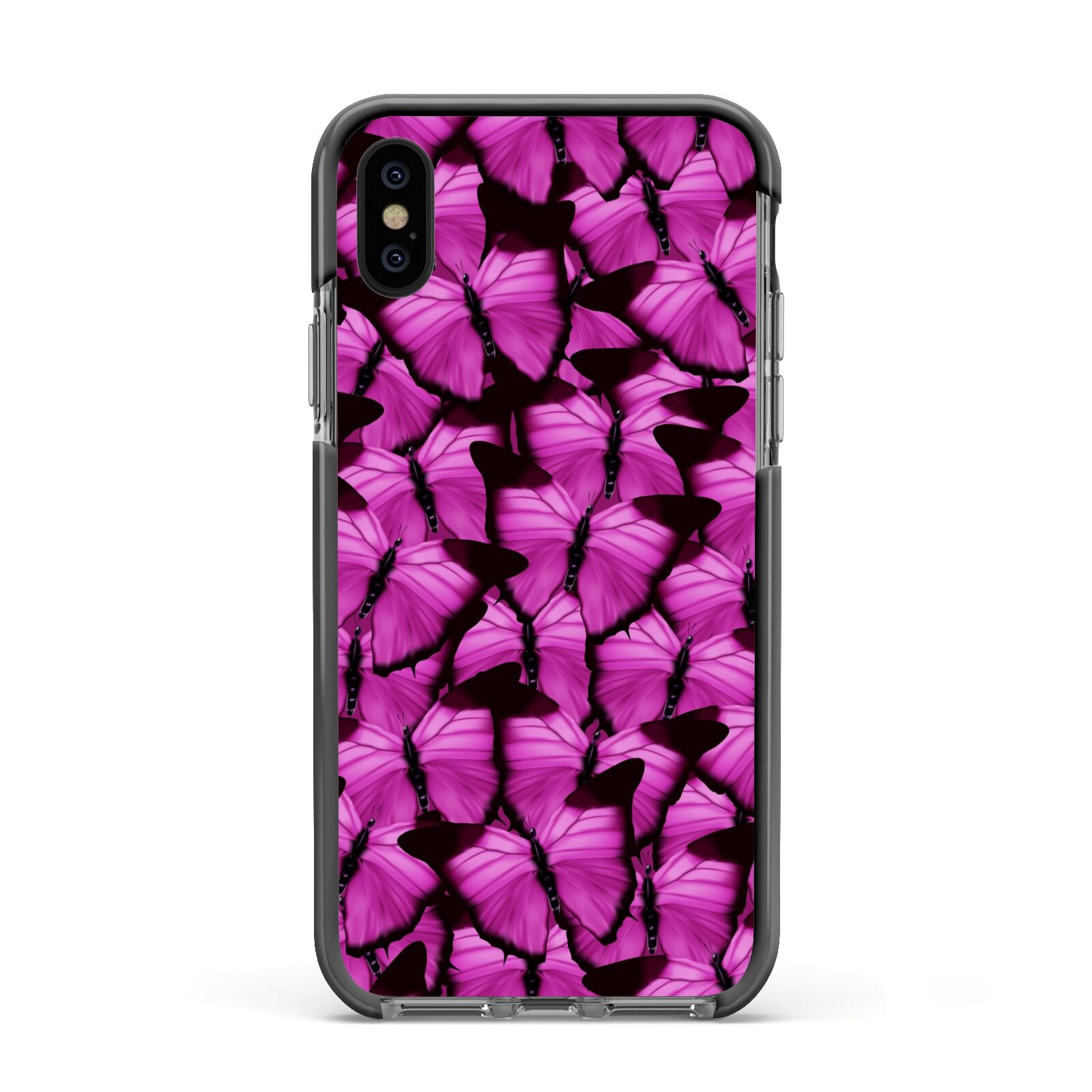 Pink Butterfly Apple iPhone Xs Impact Case Black Edge on Black Phone