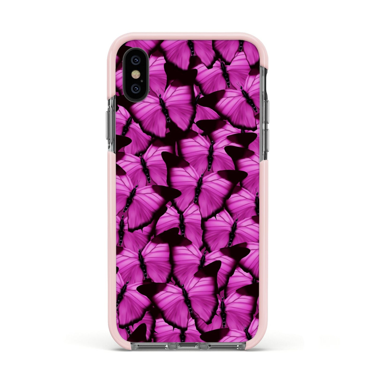 Pink Butterfly Apple iPhone Xs Impact Case Pink Edge on Black Phone