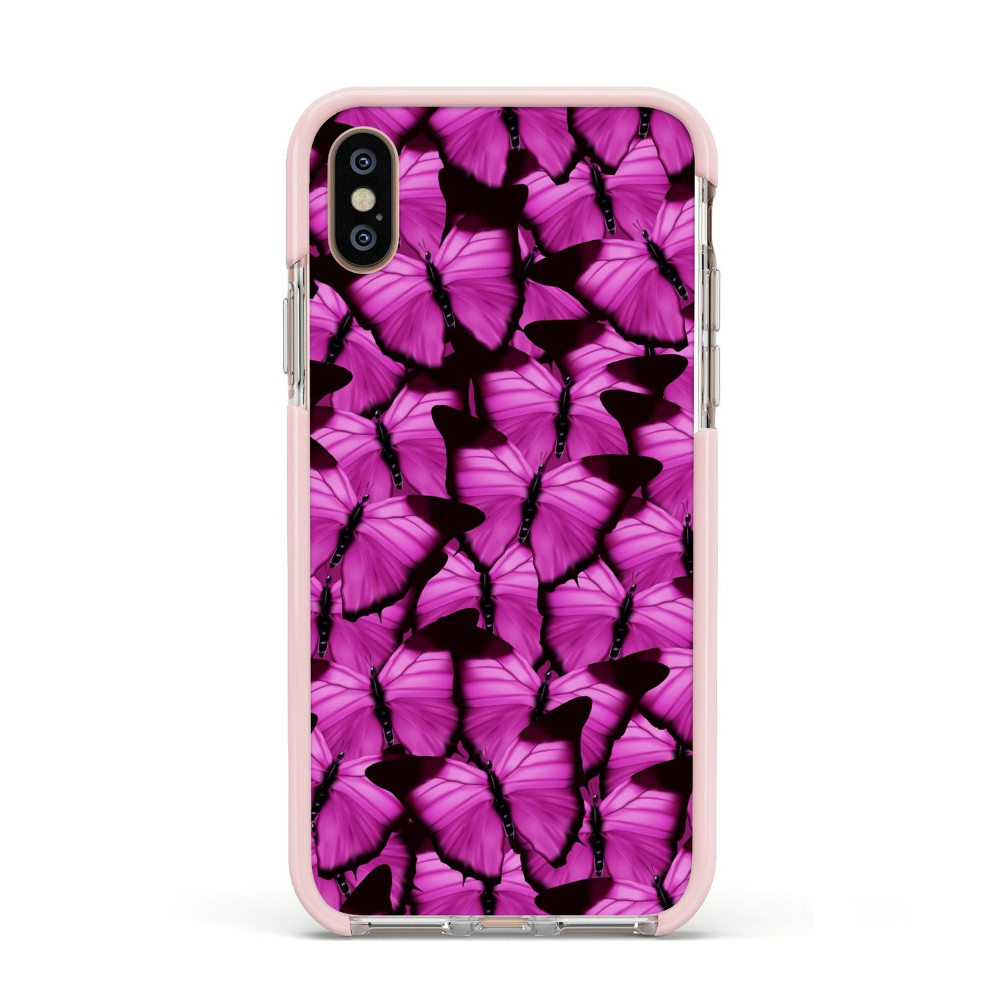 Pink Butterfly Apple iPhone Xs Impact Case Pink Edge on Gold Phone