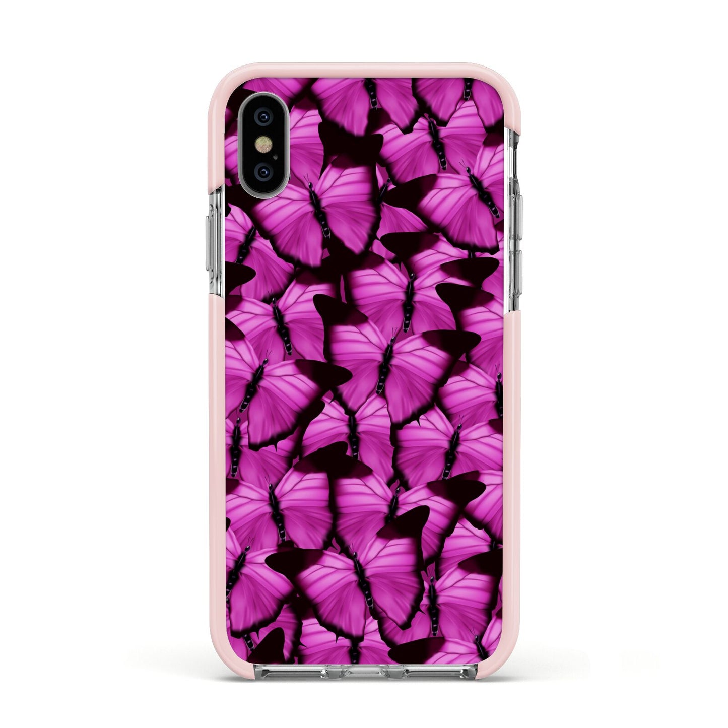 Pink Butterfly Apple iPhone Xs Impact Case Pink Edge on Silver Phone