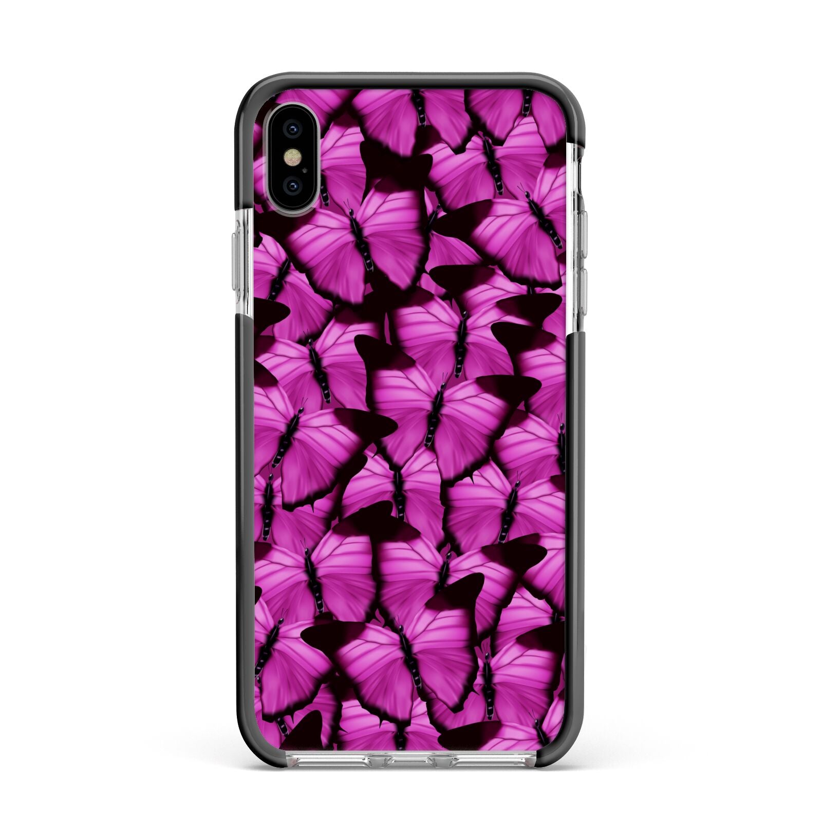 Pink Butterfly Apple iPhone Xs Max Impact Case Black Edge on Silver Phone