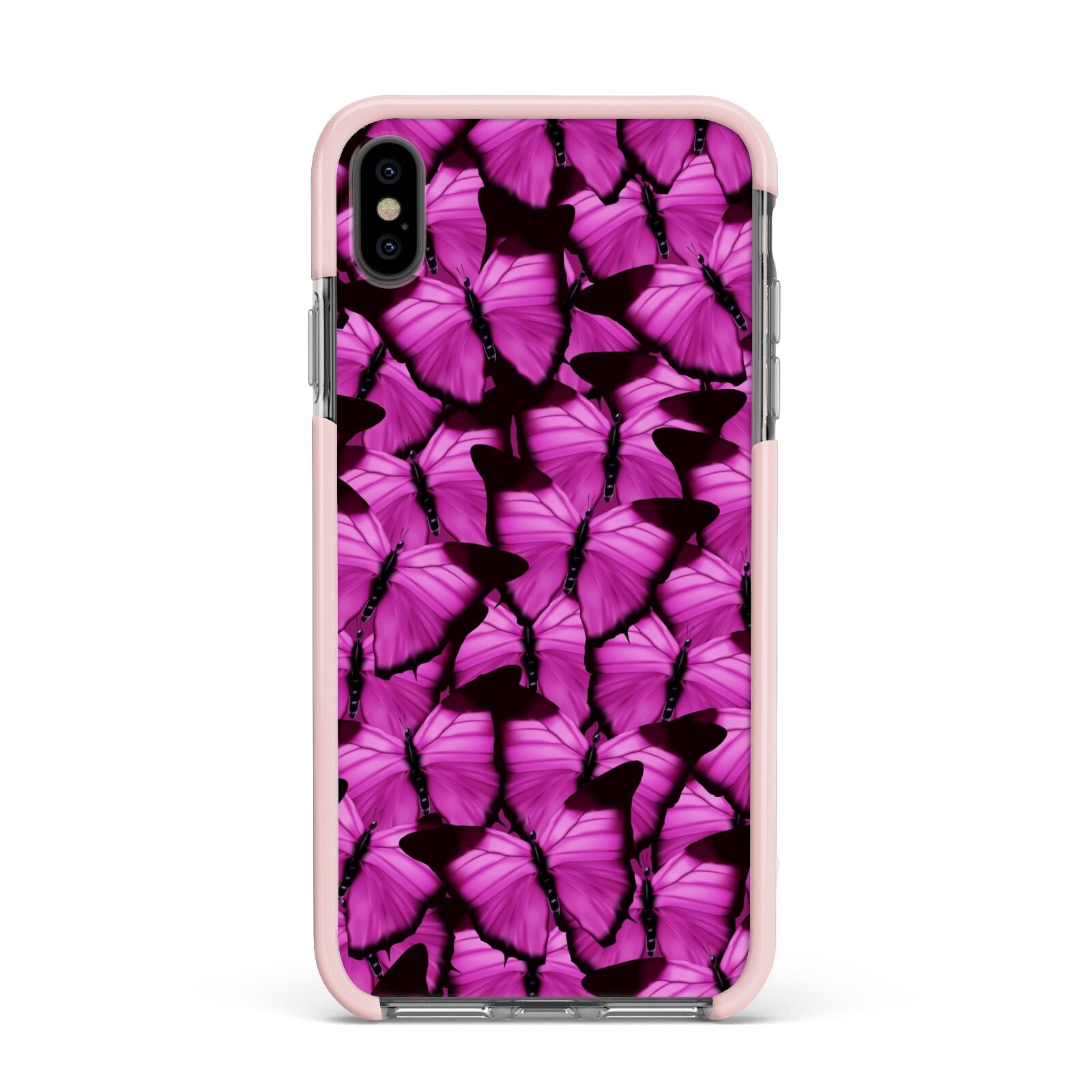 Pink Butterfly Apple iPhone Xs Max Impact Case Pink Edge on Black Phone