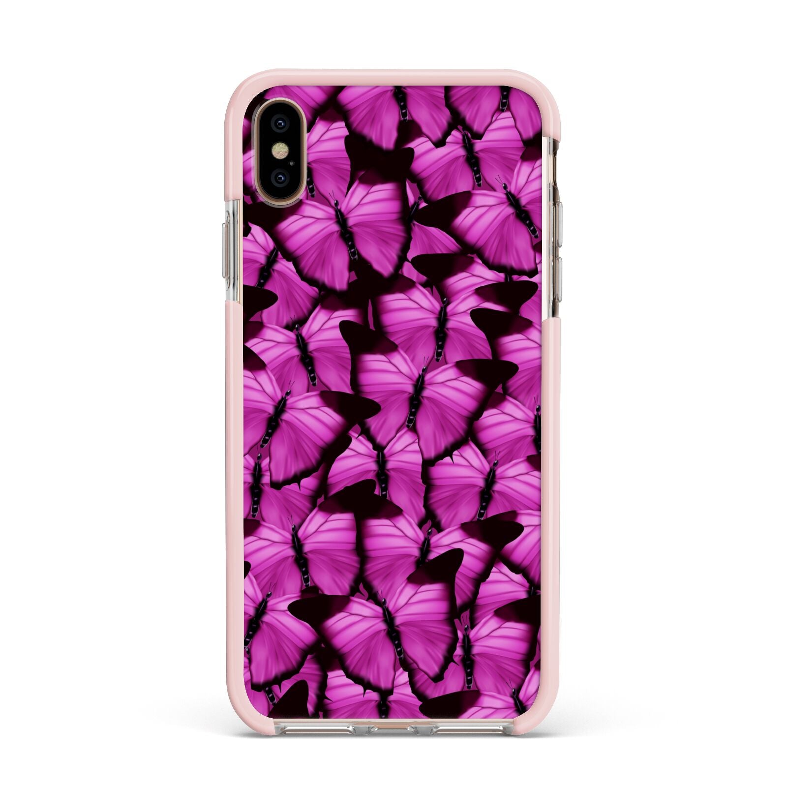 Pink Butterfly Apple iPhone Xs Max Impact Case Pink Edge on Gold Phone