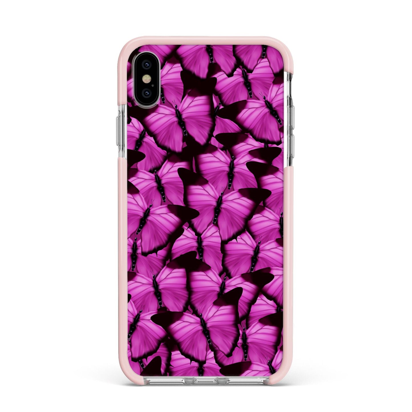 Pink Butterfly Apple iPhone Xs Max Impact Case Pink Edge on Silver Phone