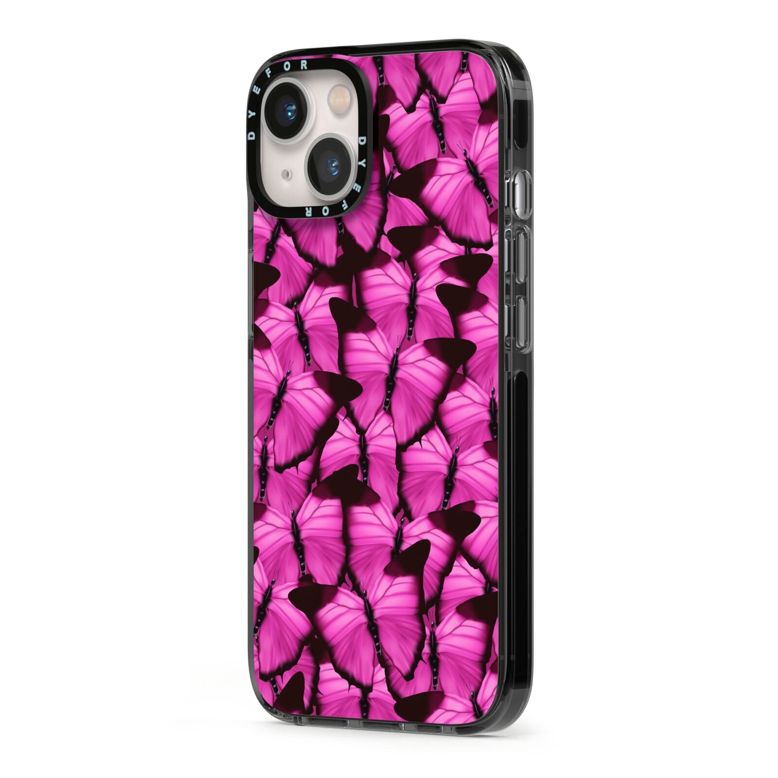 Pink Butterfly iPhone 13 Black Impact Case Side Angle on Silver phone