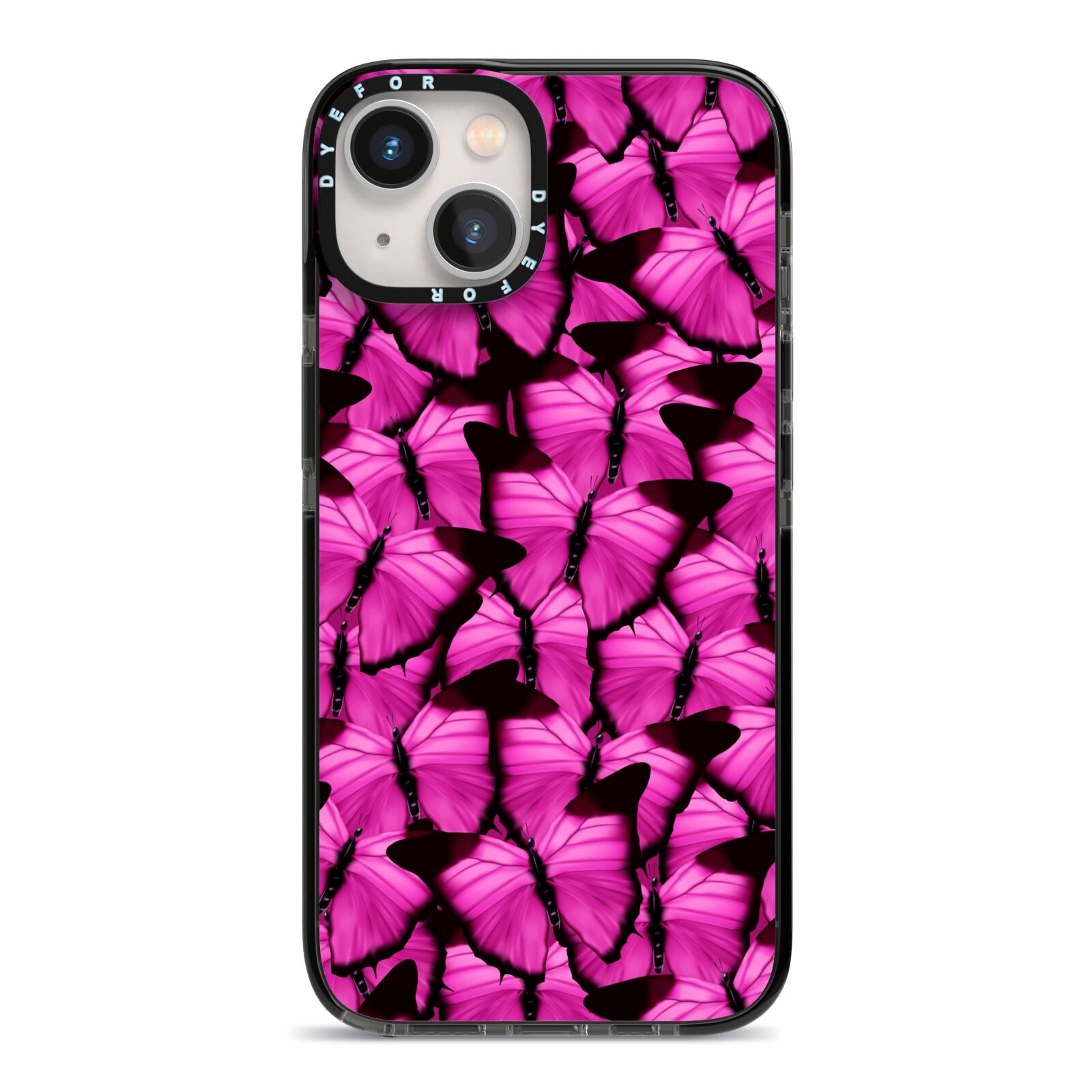 Pink Butterfly iPhone 13 Black Impact Case on Silver phone