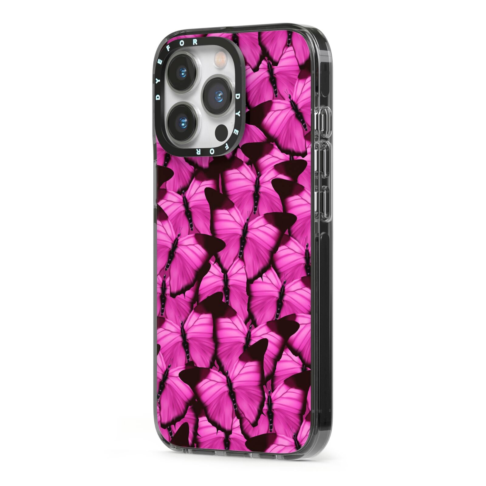 Pink Butterfly iPhone 13 Pro Black Impact Case Side Angle on Silver phone