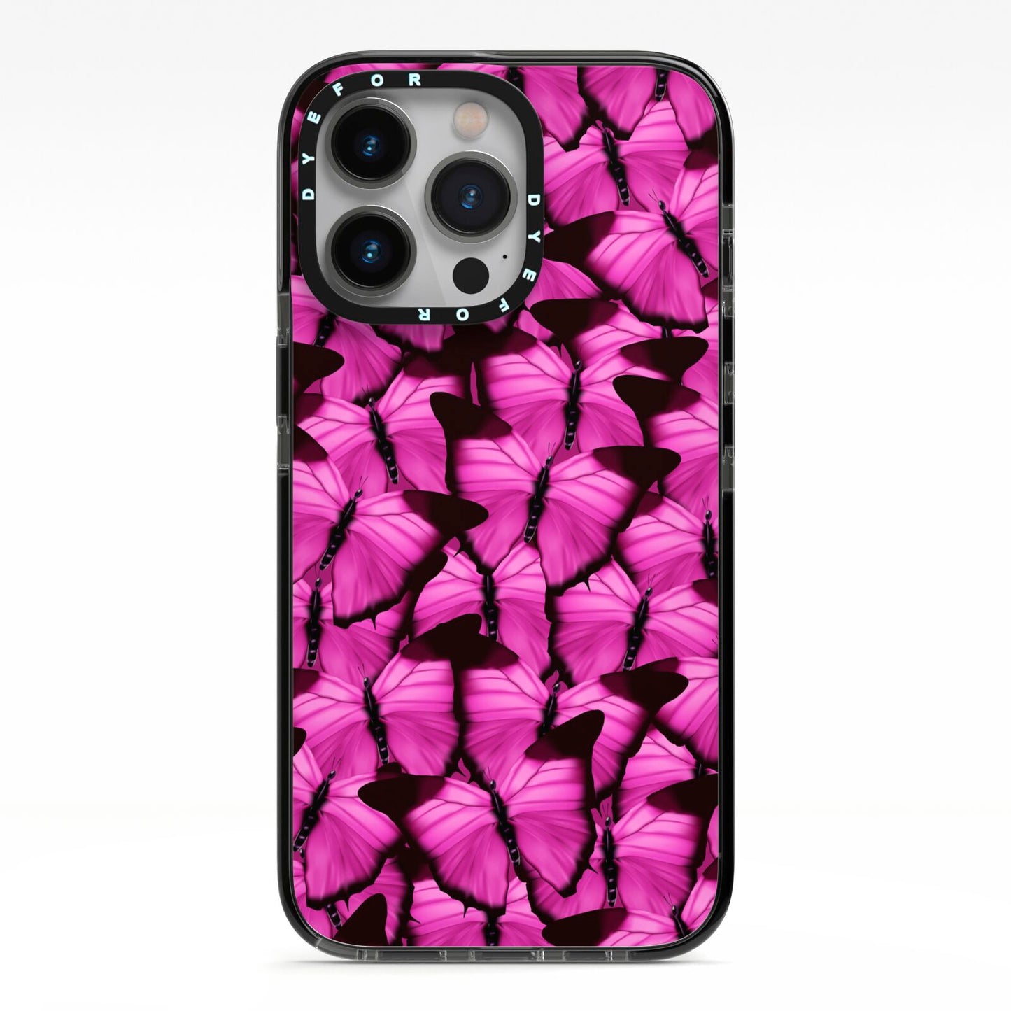 Pink Butterfly iPhone 13 Pro Black Impact Case on Silver phone