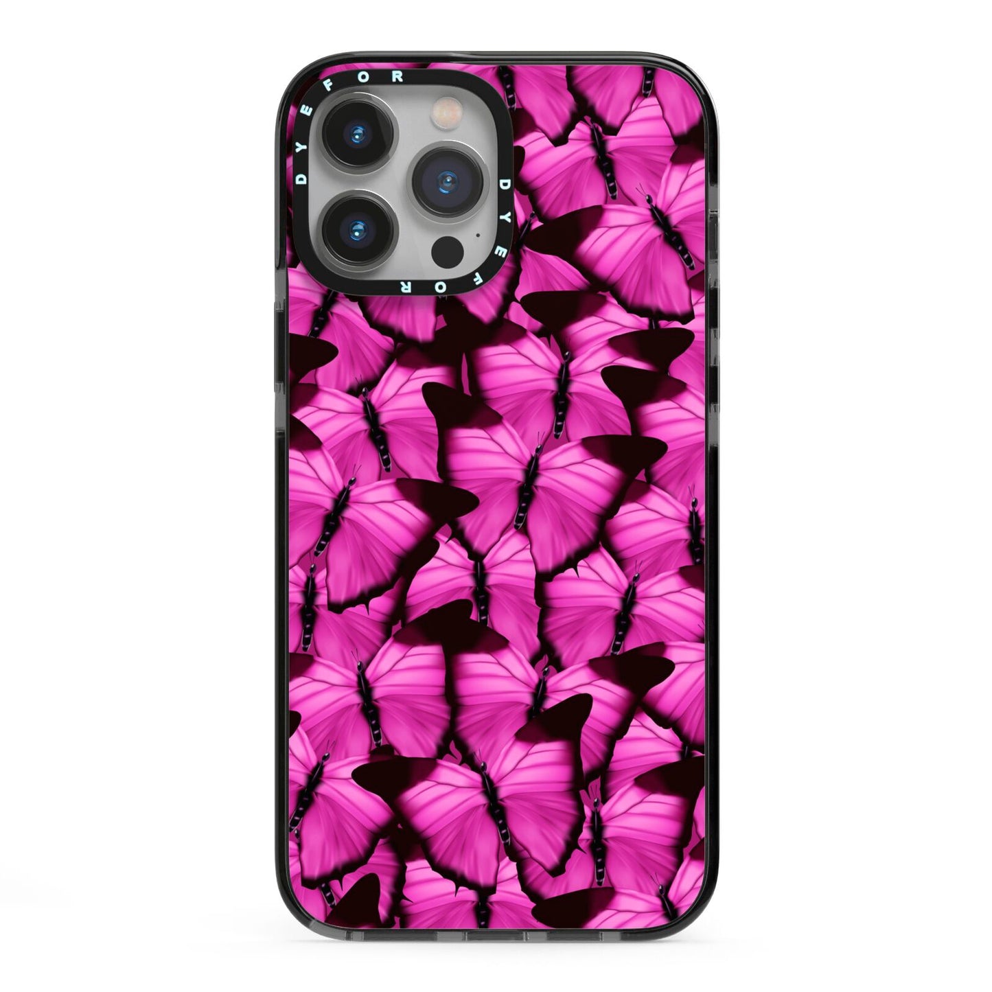 Pink Butterfly iPhone 13 Pro Max Black Impact Case on Silver phone