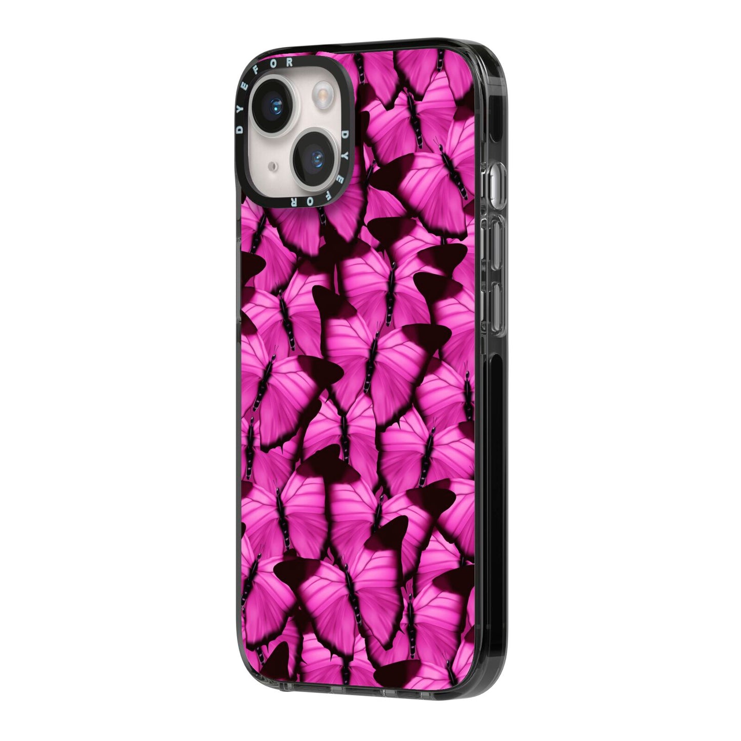 Pink Butterfly iPhone 14 Black Impact Case Side Angle on Silver phone