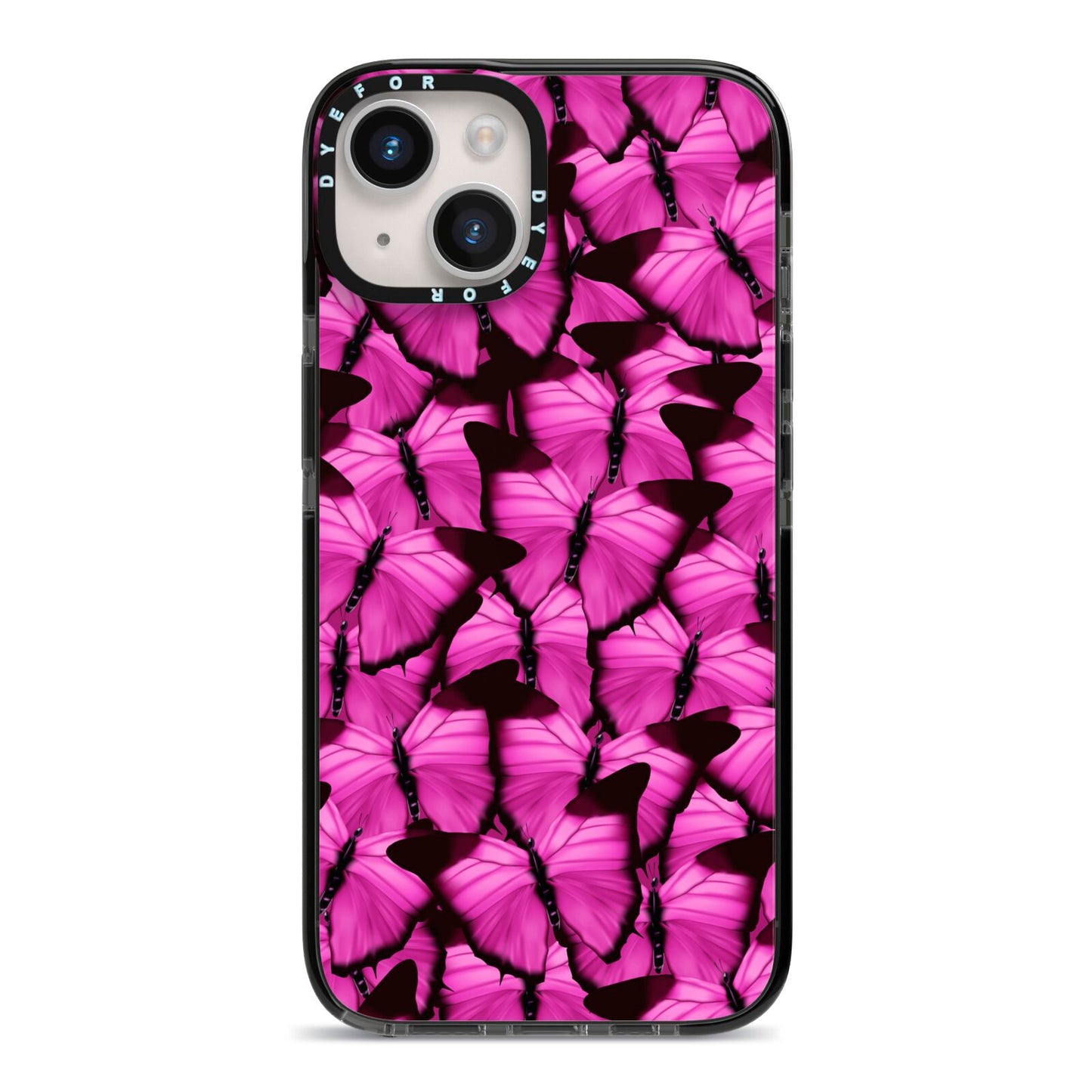 Pink Butterfly iPhone 14 Black Impact Case on Silver phone