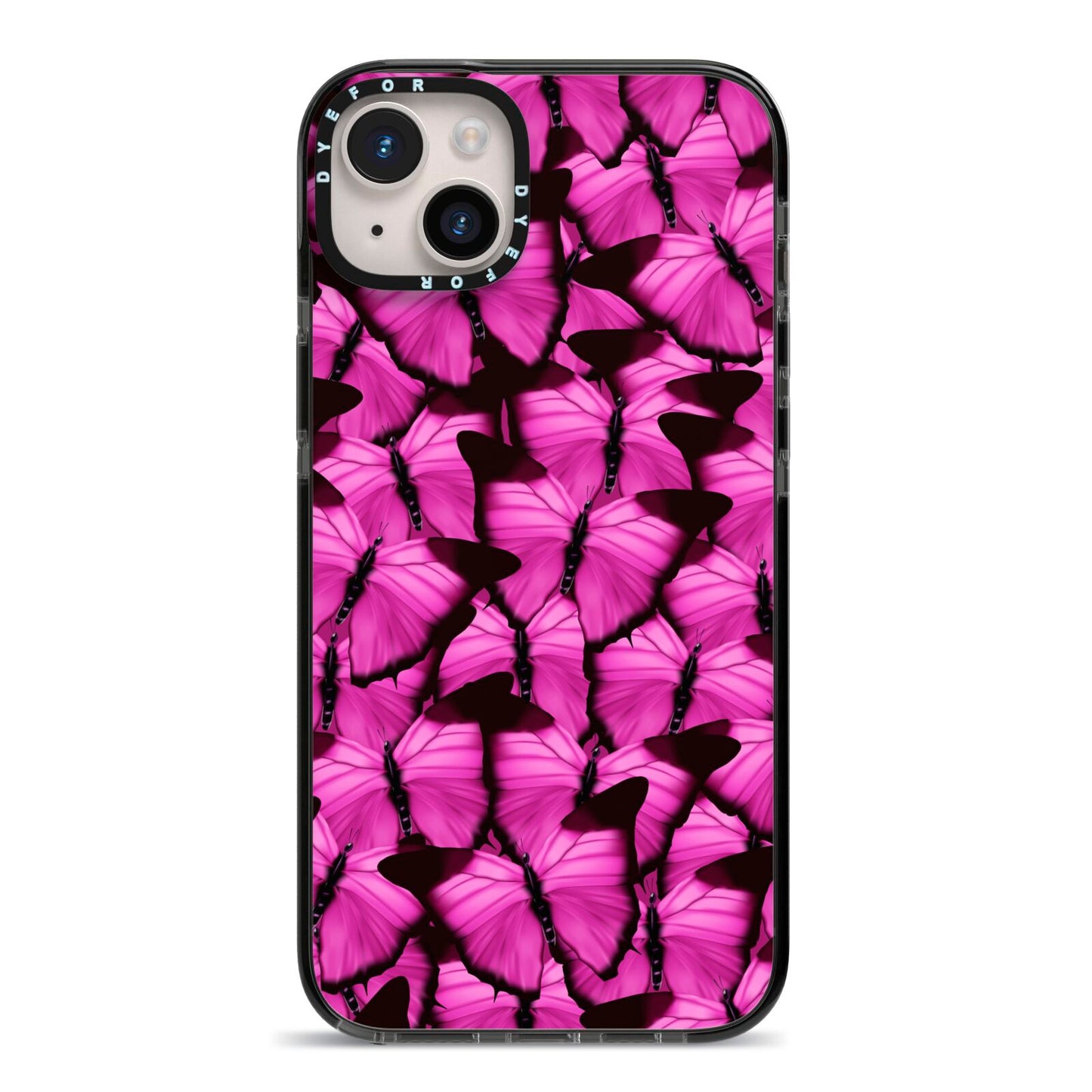 Pink Butterfly iPhone 14 Plus Black Impact Case on Silver phone