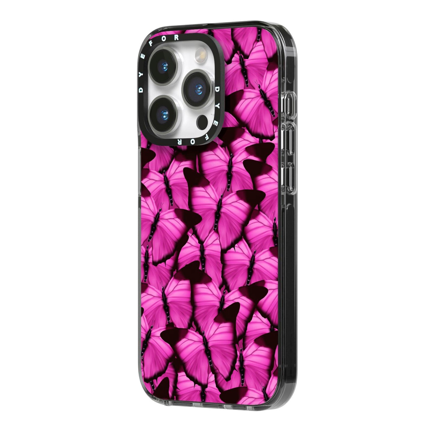 Pink Butterfly iPhone 14 Pro Black Impact Case Side Angle on Silver phone