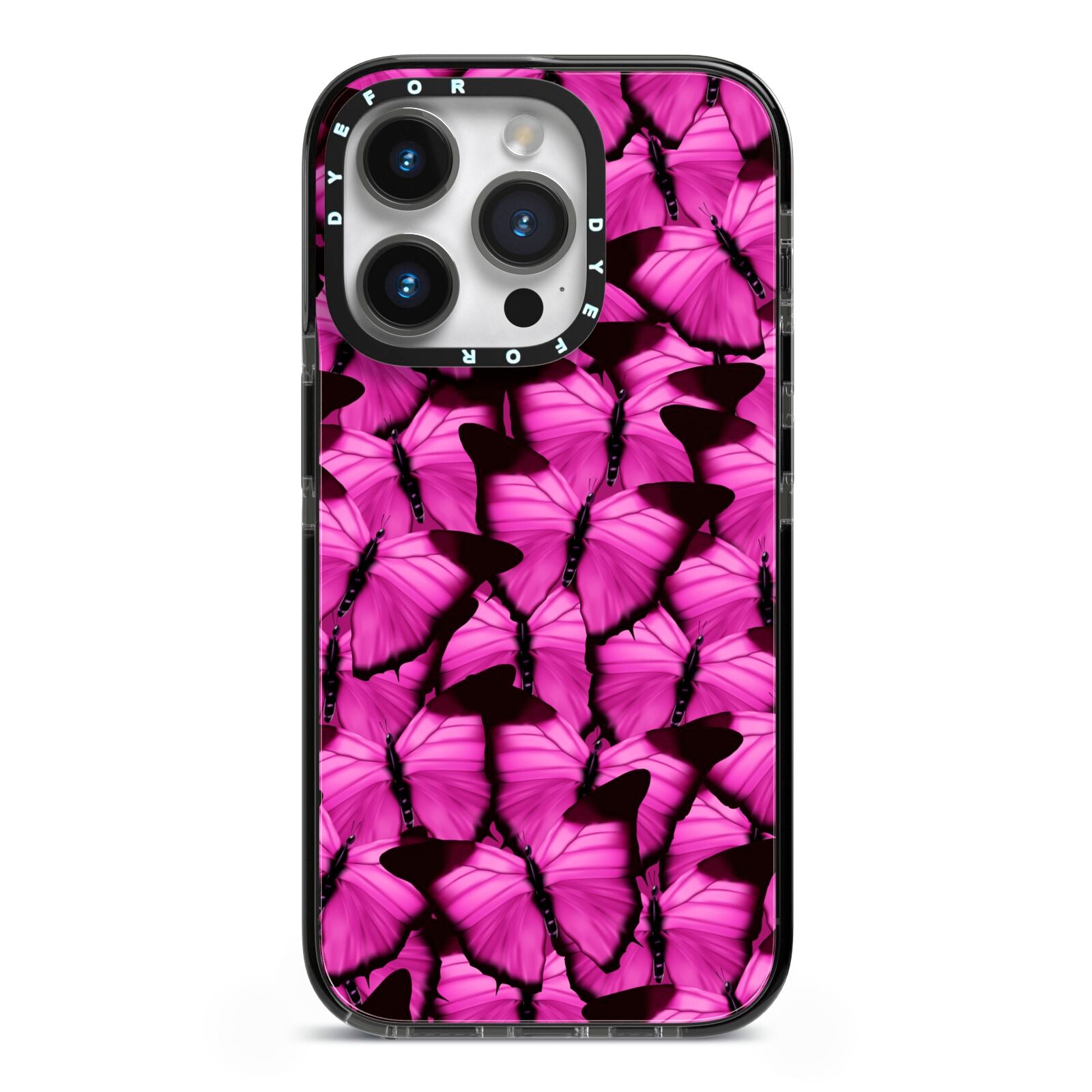 Pink Butterfly iPhone 14 Pro Black Impact Case on Silver phone