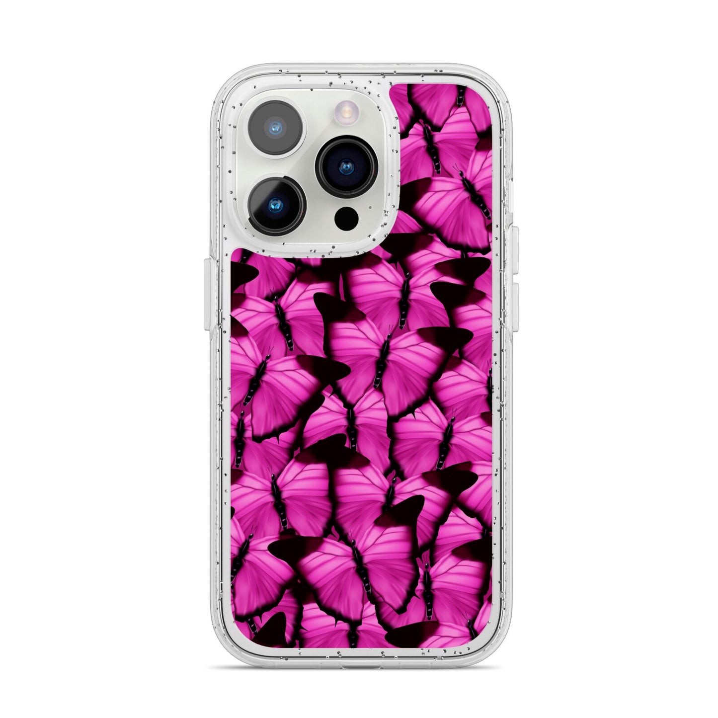 Pink Butterfly iPhone 14 Pro Glitter Tough Case Silver