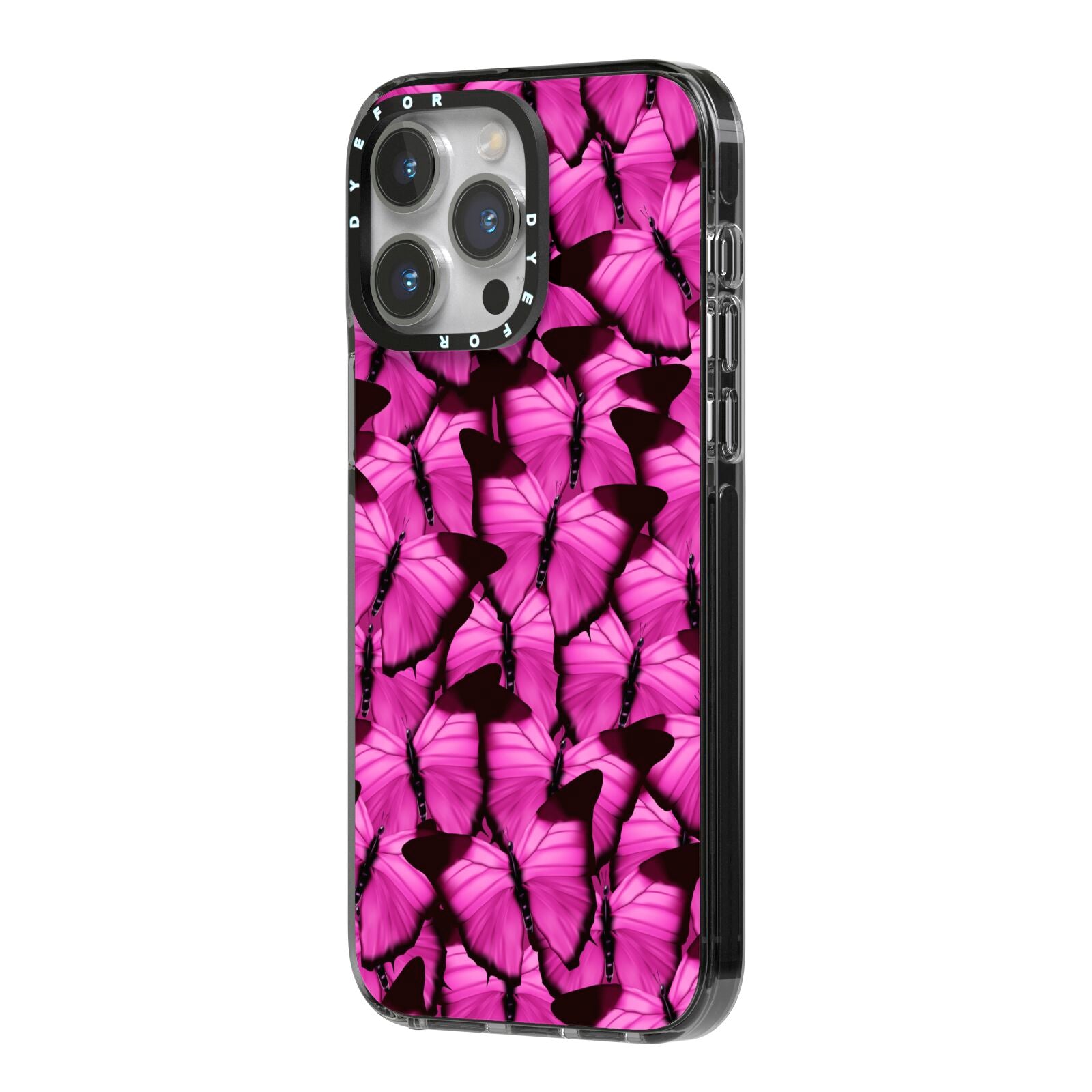 Pink Butterfly iPhone 14 Pro Max Black Impact Case Side Angle on Silver phone