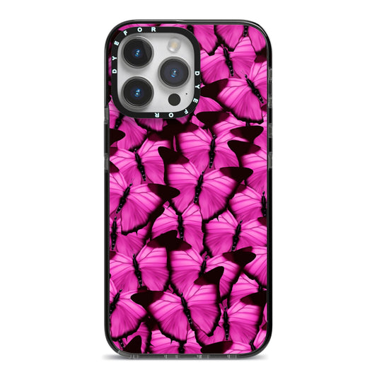 Pink Butterfly iPhone 14 Pro Max Black Impact Case on Silver phone