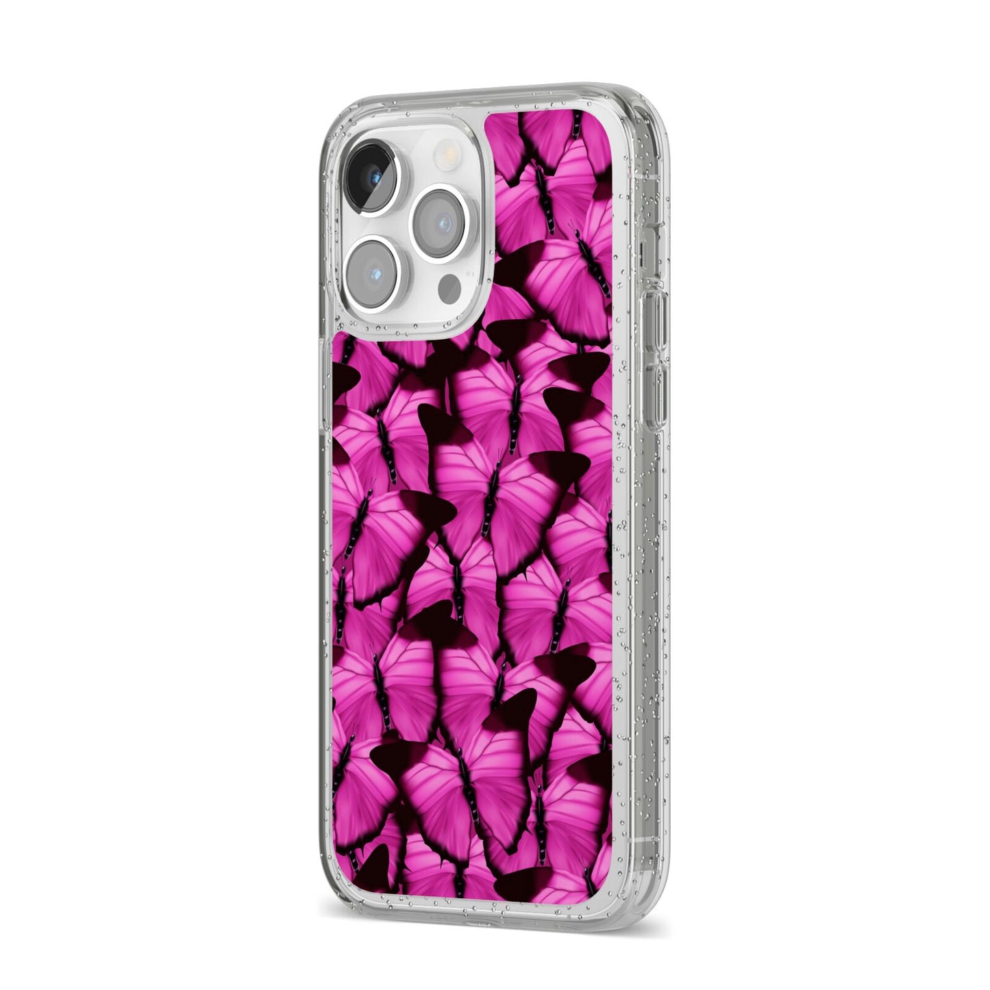 Pink Butterfly iPhone 14 Pro Max Glitter Tough Case Silver Angled Image