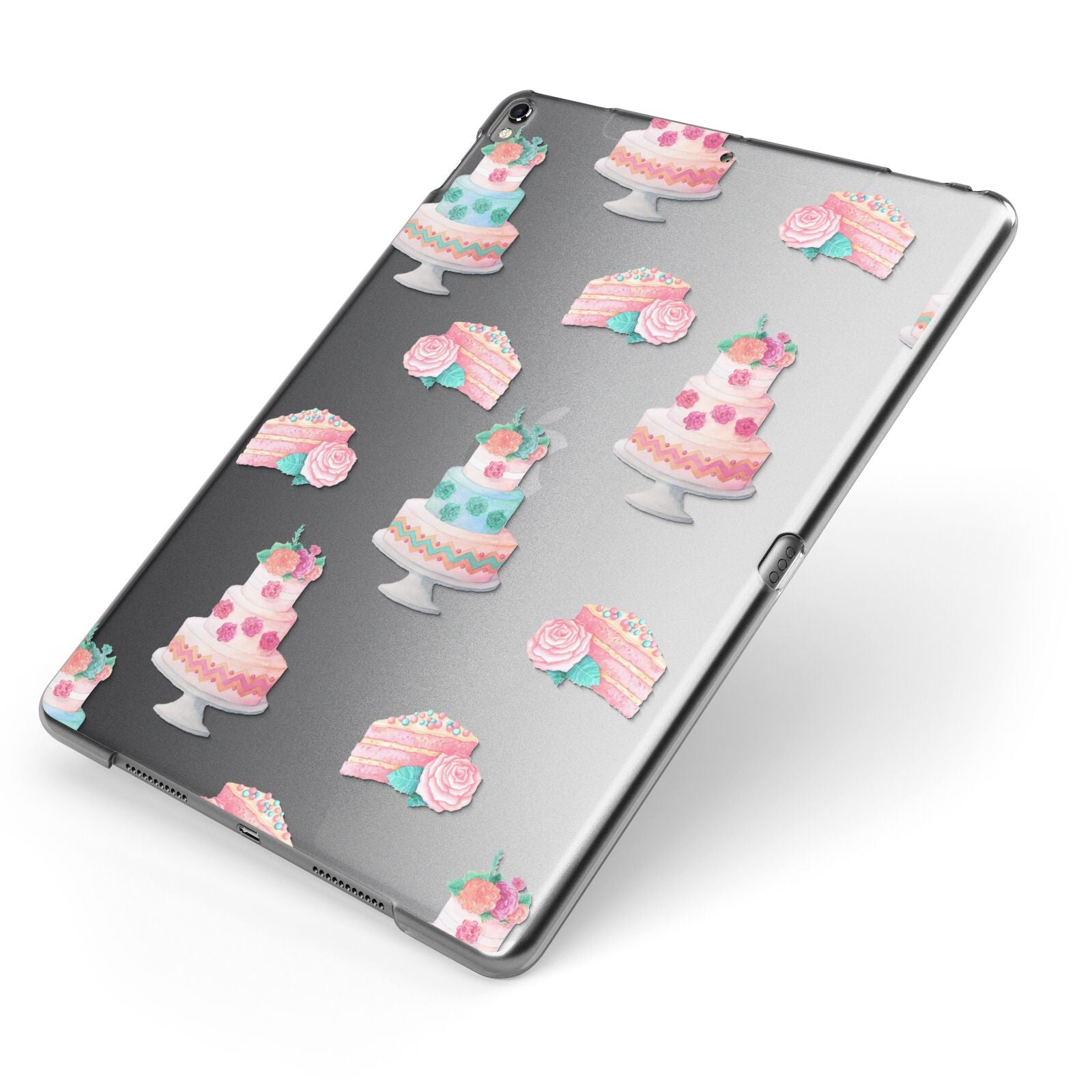 Pink Cake Print Apple iPad Case on Grey iPad Side View