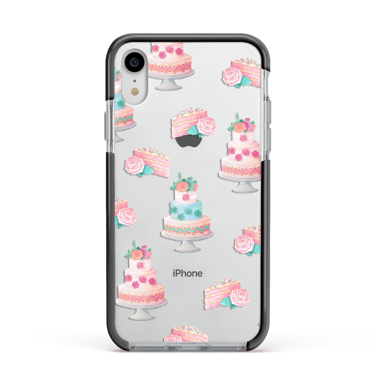 Pink Cake Print Apple iPhone XR Impact Case Black Edge on Silver Phone