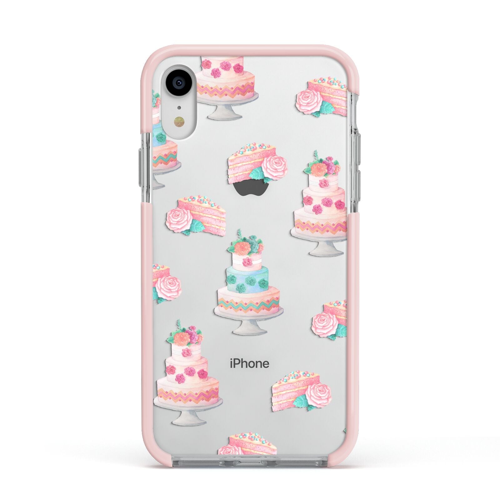 Pink Cake Print Apple iPhone XR Impact Case Pink Edge on Silver Phone