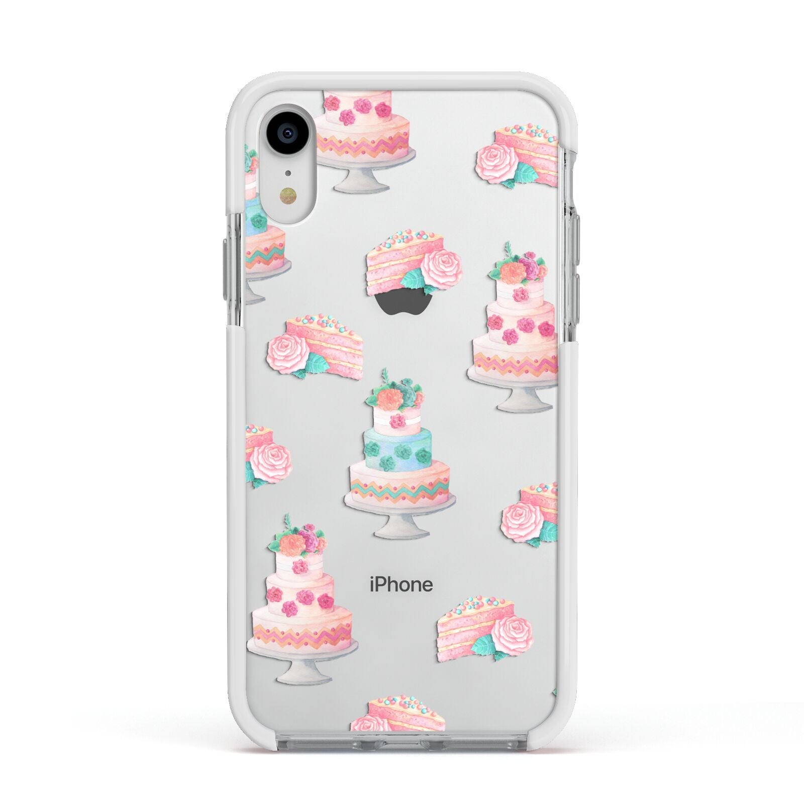 Pink Cake Print Apple iPhone XR Impact Case White Edge on Silver Phone