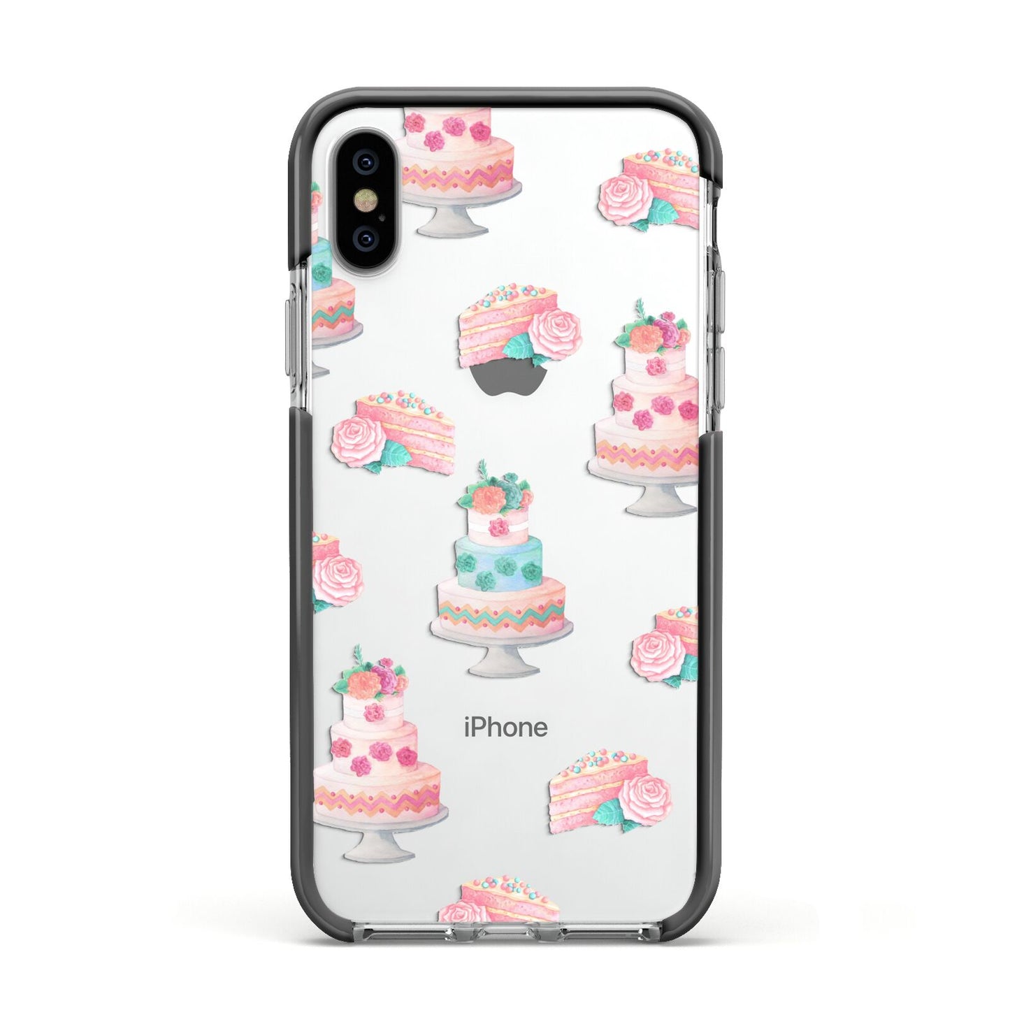 Pink Cake Print Apple iPhone Xs Impact Case Black Edge on Silver Phone