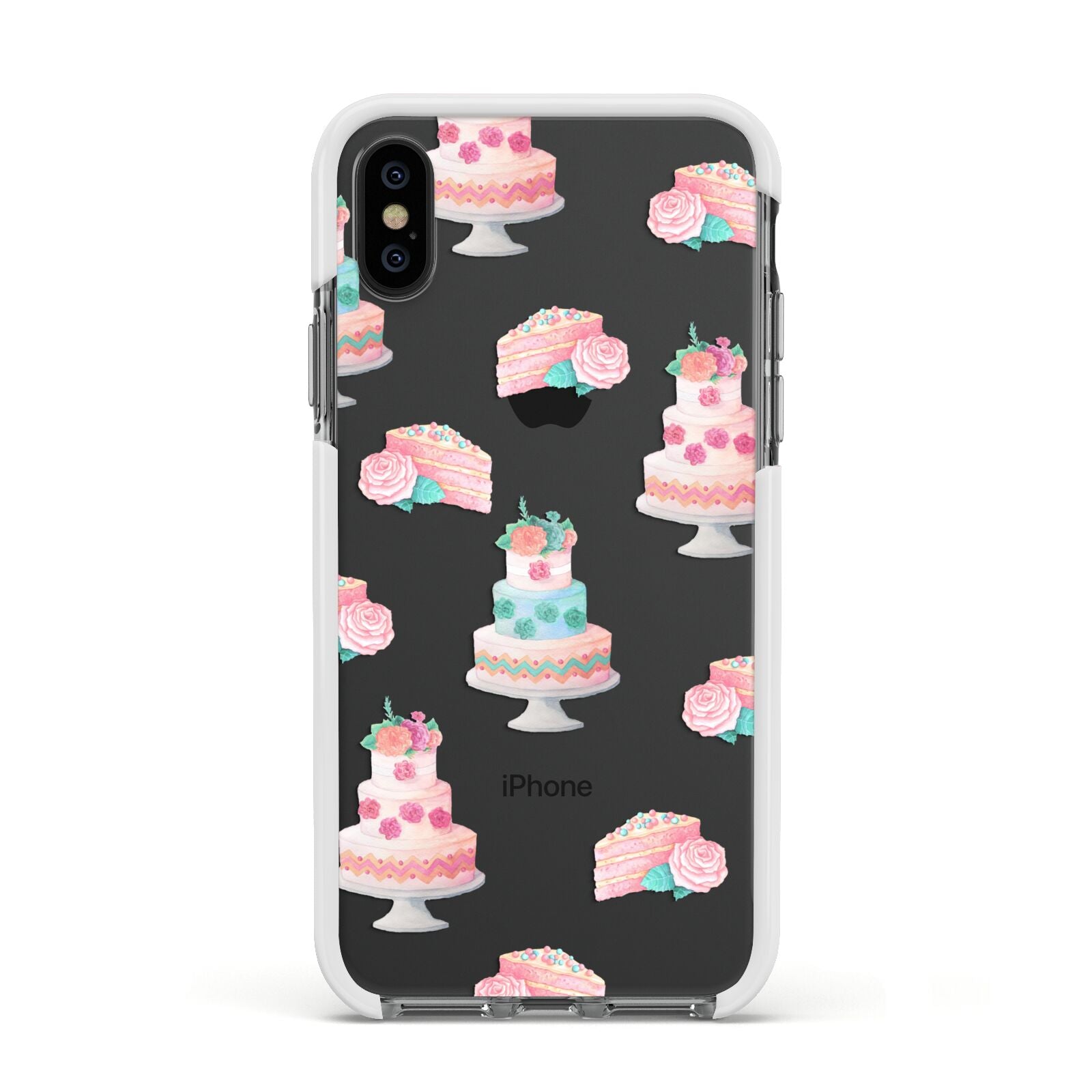 Pink Cake Print Apple iPhone Xs Impact Case White Edge on Black Phone