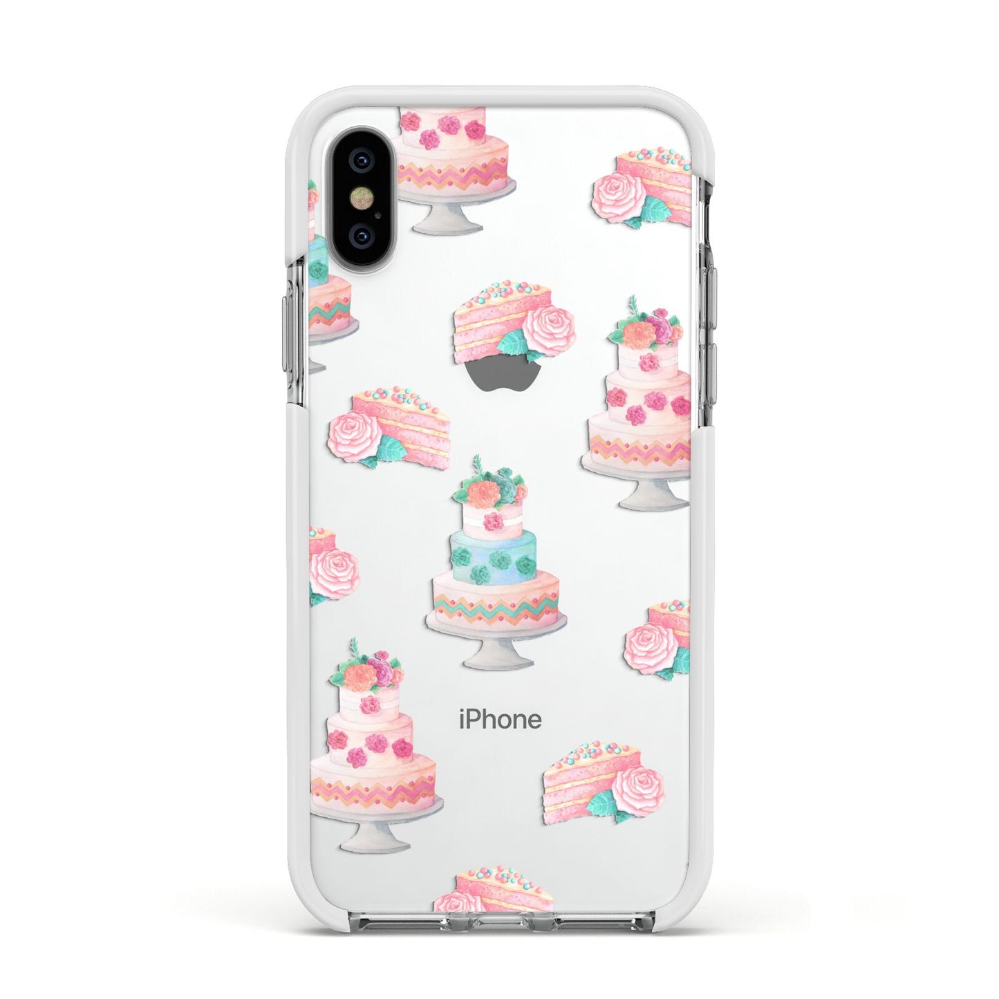 Pink Cake Print Apple iPhone Xs Impact Case White Edge on Silver Phone