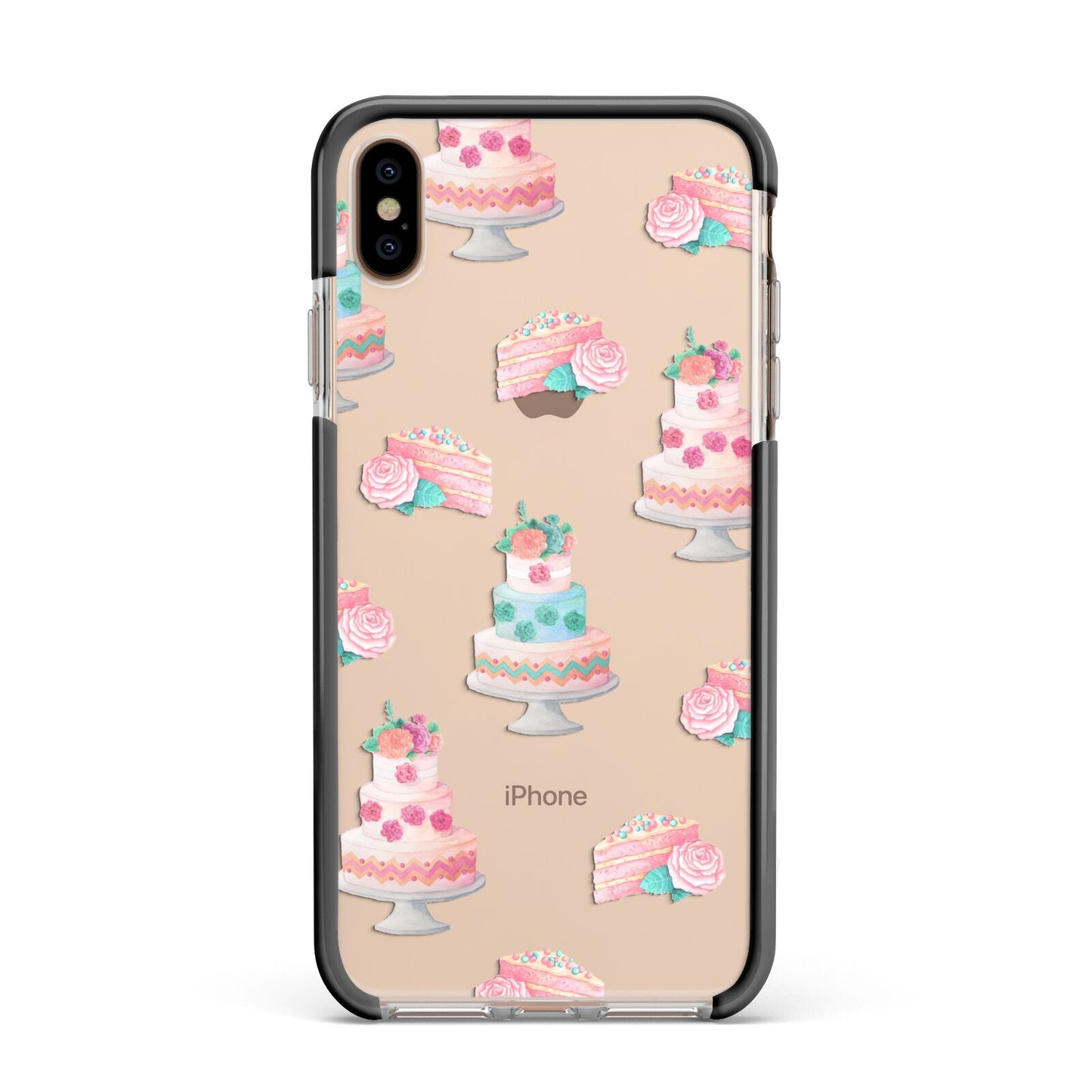 Pink Cake Print Apple iPhone Xs Max Impact Case Black Edge on Gold Phone