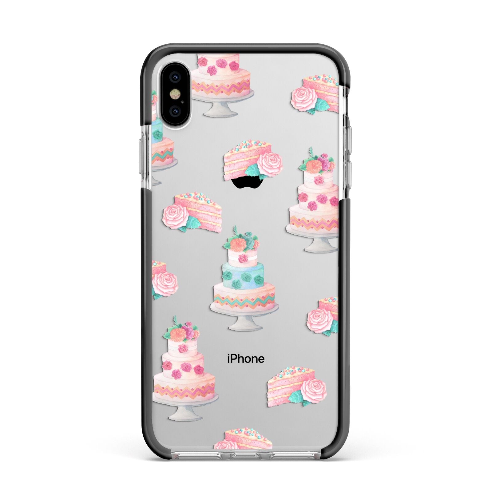 Pink Cake Print Apple iPhone Xs Max Impact Case Black Edge on Silver Phone