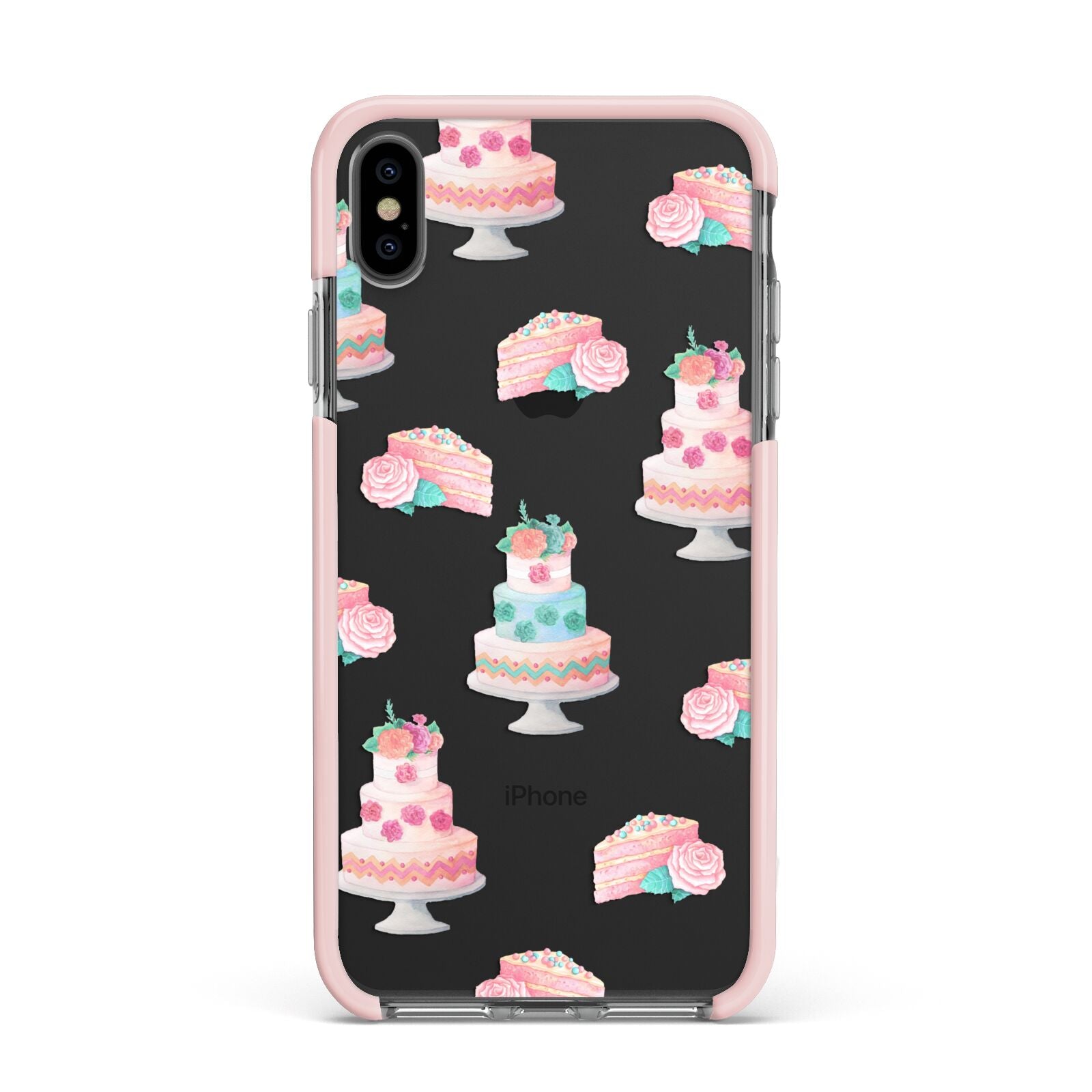 Pink Cake Print Apple iPhone Xs Max Impact Case Pink Edge on Black Phone