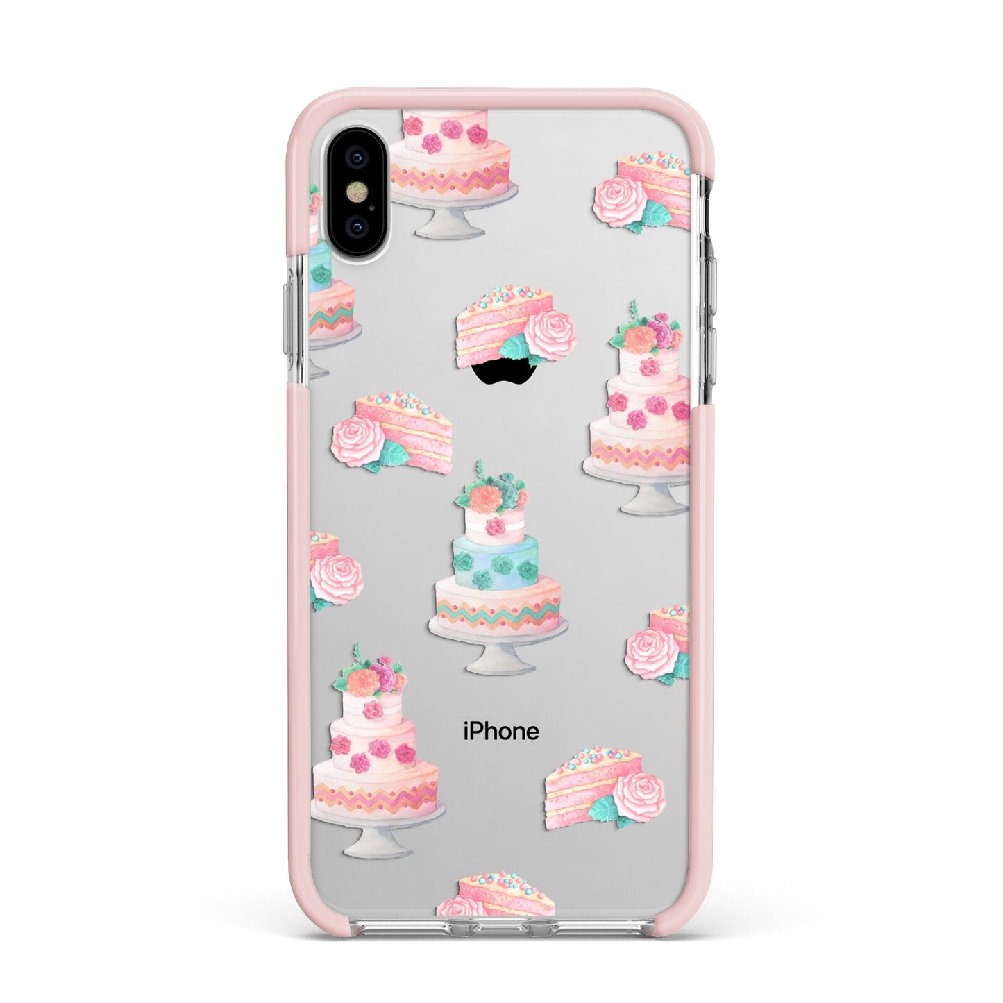 Pink Cake Print Apple iPhone Xs Max Impact Case Pink Edge on Silver Phone