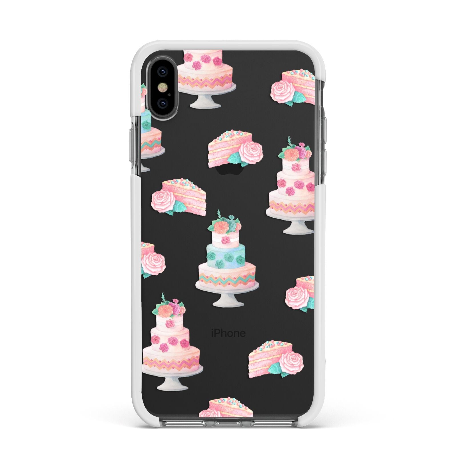 Pink Cake Print Apple iPhone Xs Max Impact Case White Edge on Black Phone