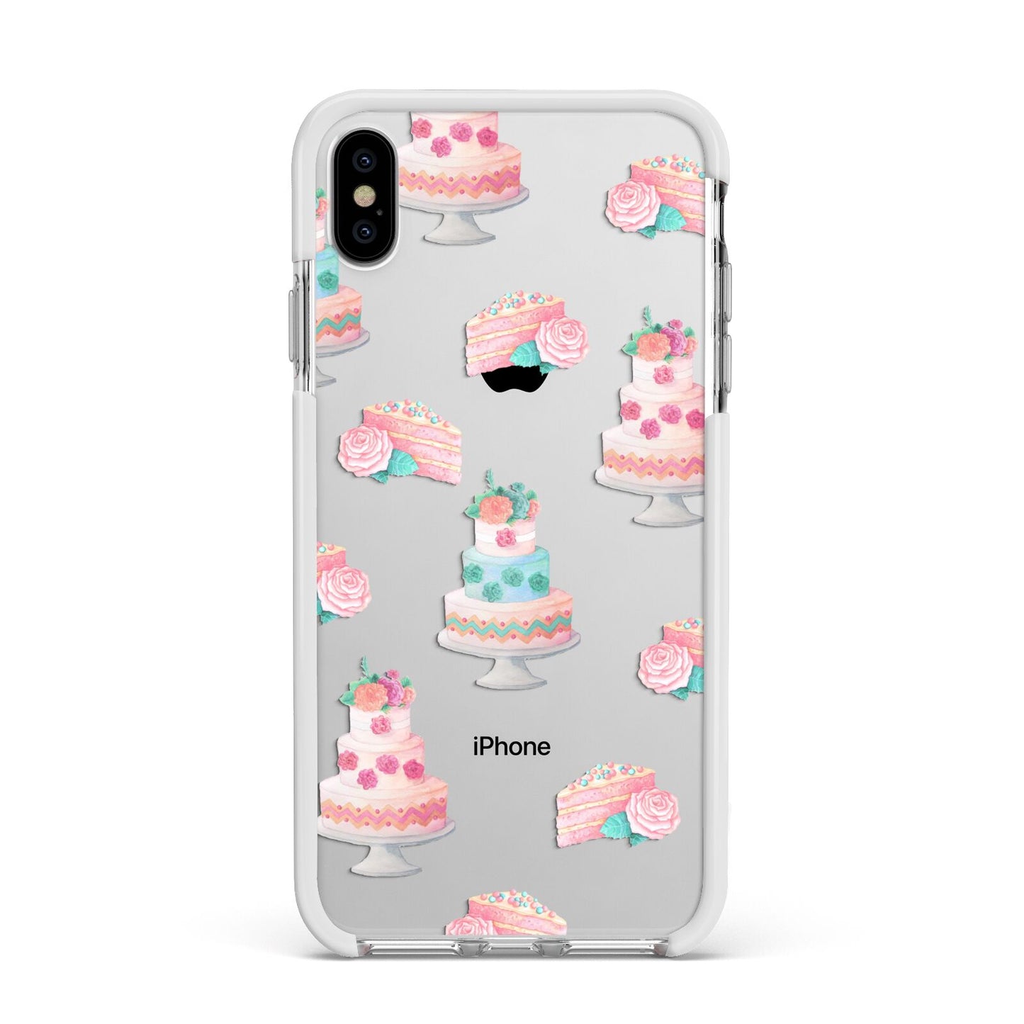 Pink Cake Print Apple iPhone Xs Max Impact Case White Edge on Silver Phone