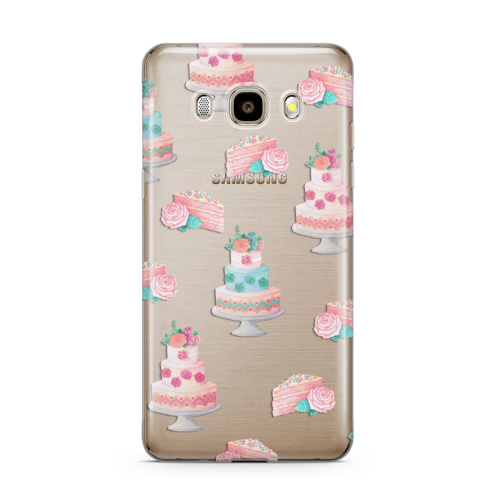 Pink Cake Print Samsung Galaxy J7 2016 Case on gold phone